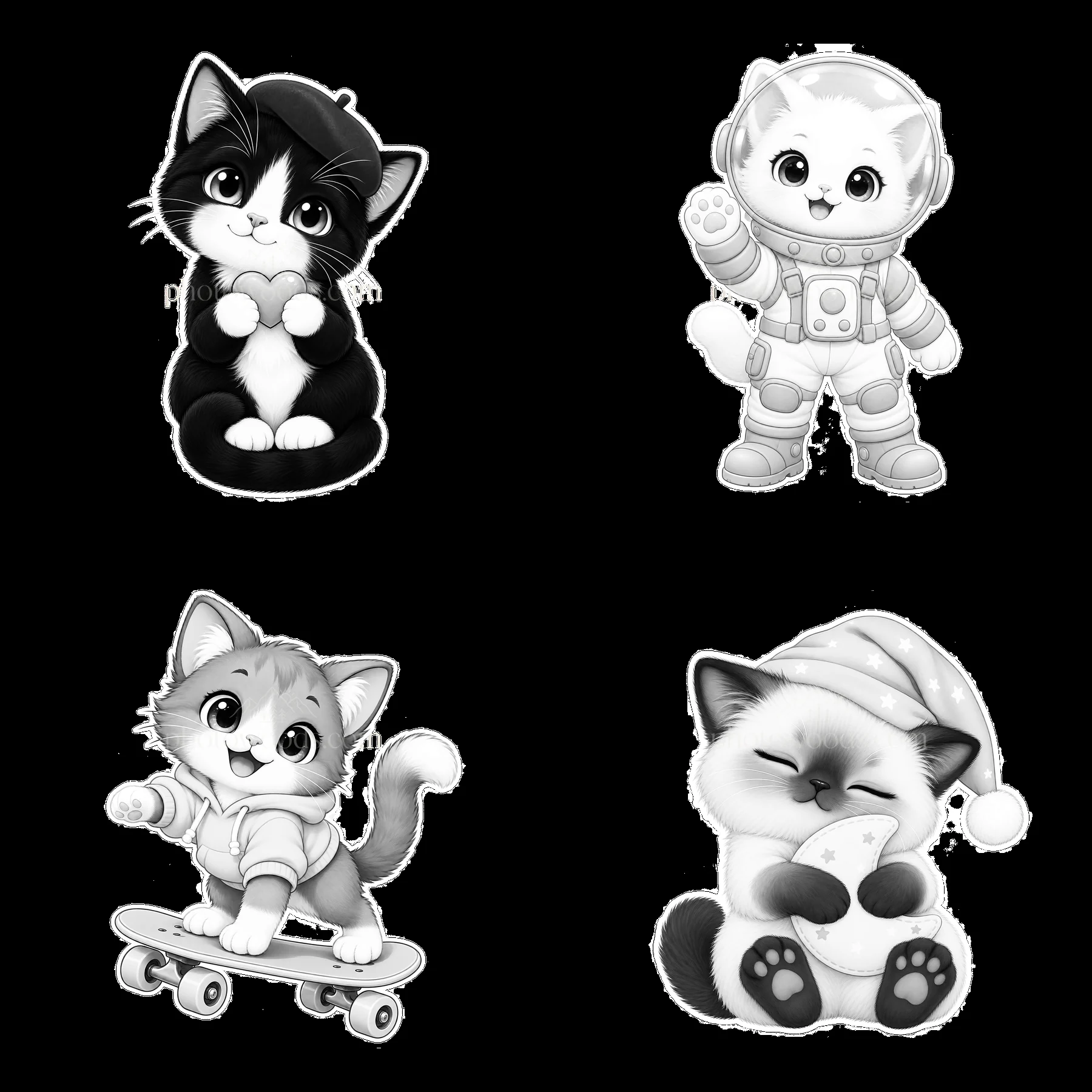 Kawaii cats in various playful poses and outfits - AI-generated stock image