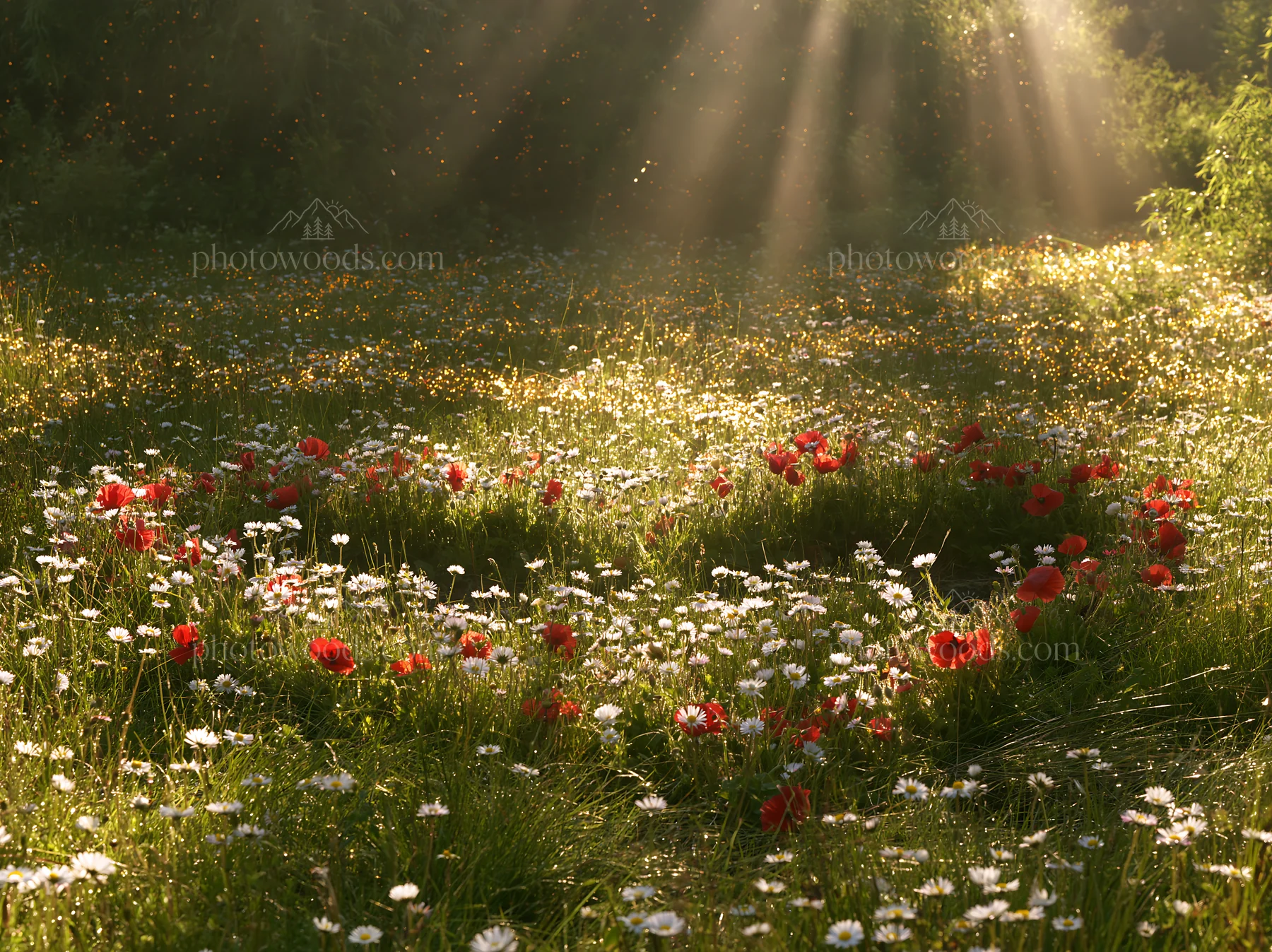 Meadow with Christmas lights and sunbeams shining through clouds - AI-generated stock image