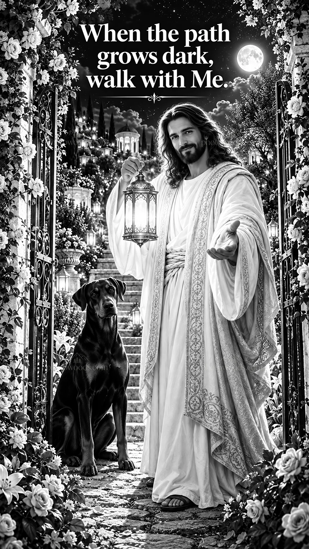 Jesus Christ holding a lantern and guiding in a garden - AI-generated stock image