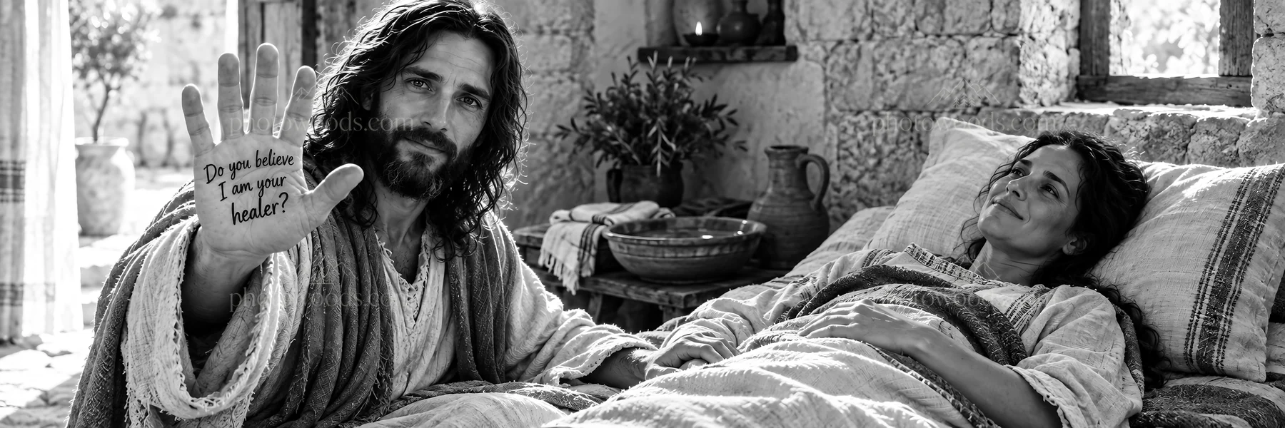 Jesus Christ comforting a woman in a home setting - AI-generated stock image