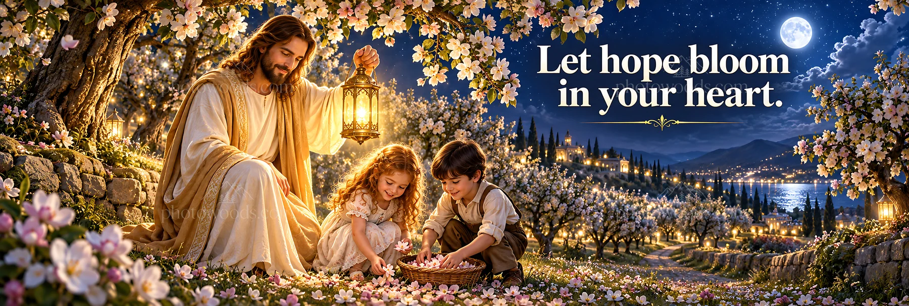 Jesus Christ sharing hope with children in a floral setting - AI-generated stock image