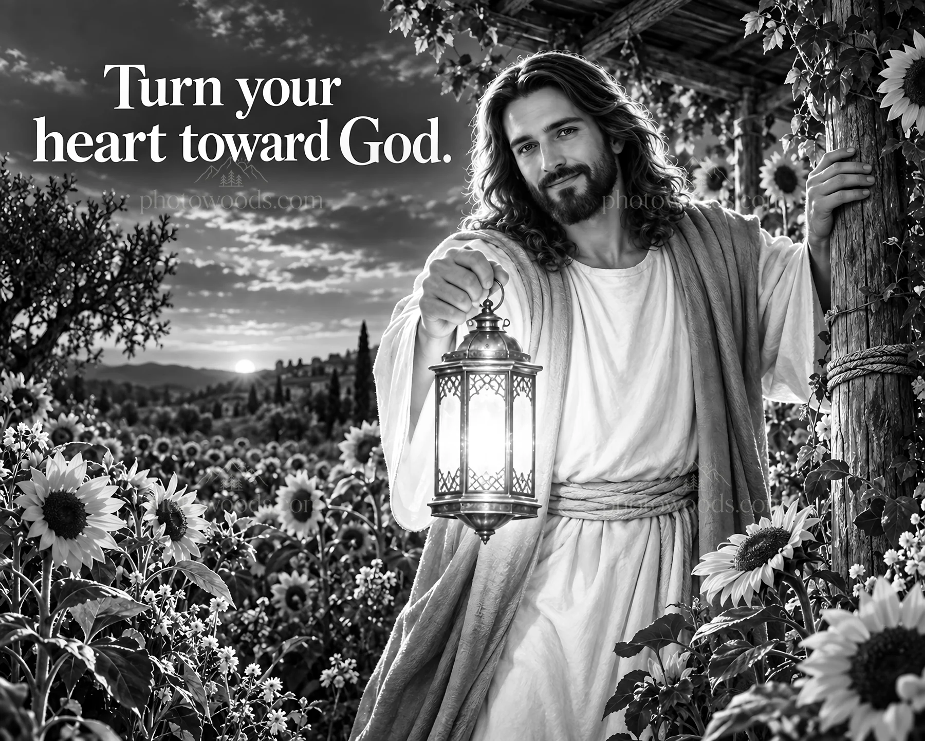 Jesus Christ inviting viewers to turn their hearts toward God - AI-generated stock image