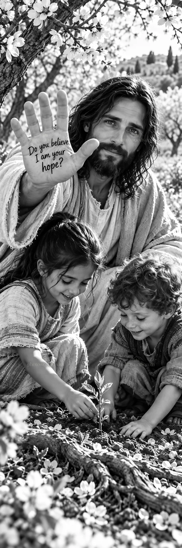 Jesus Christ sharing hope with children in a garden - AI-generated stock image