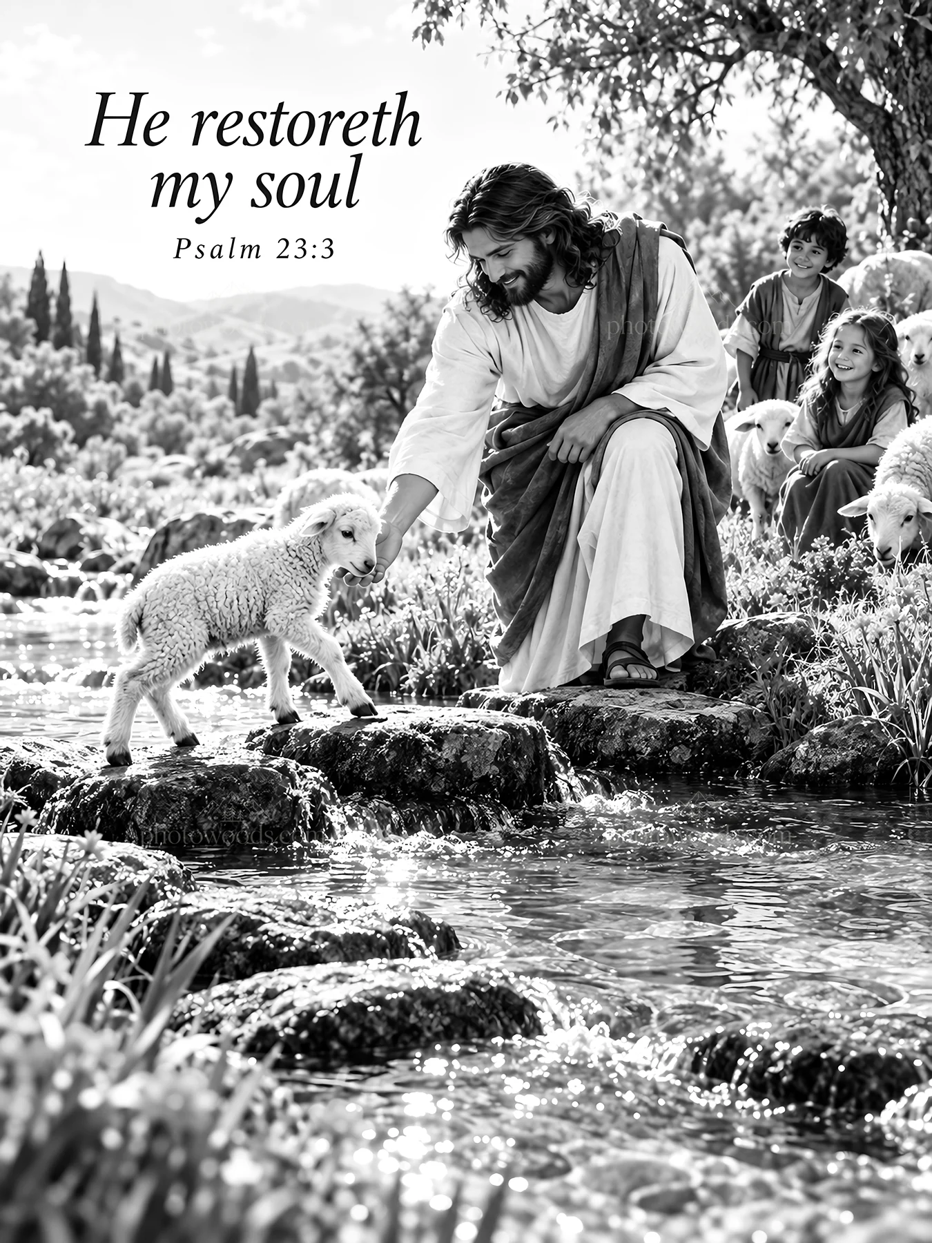 Jesus Christ comforts a lamb by the water - AI-generated stock image