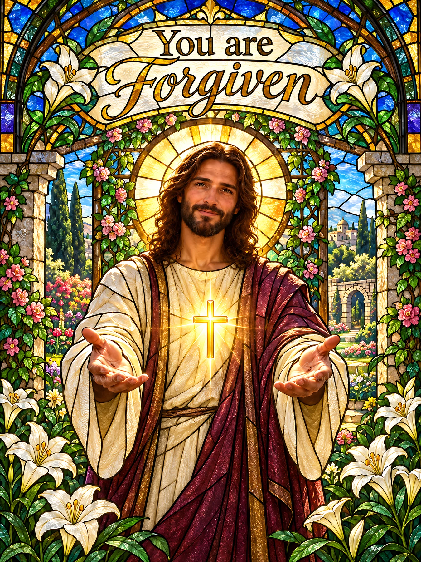 Jesus Christ offers forgiveness with open arms - AI-generated stock image