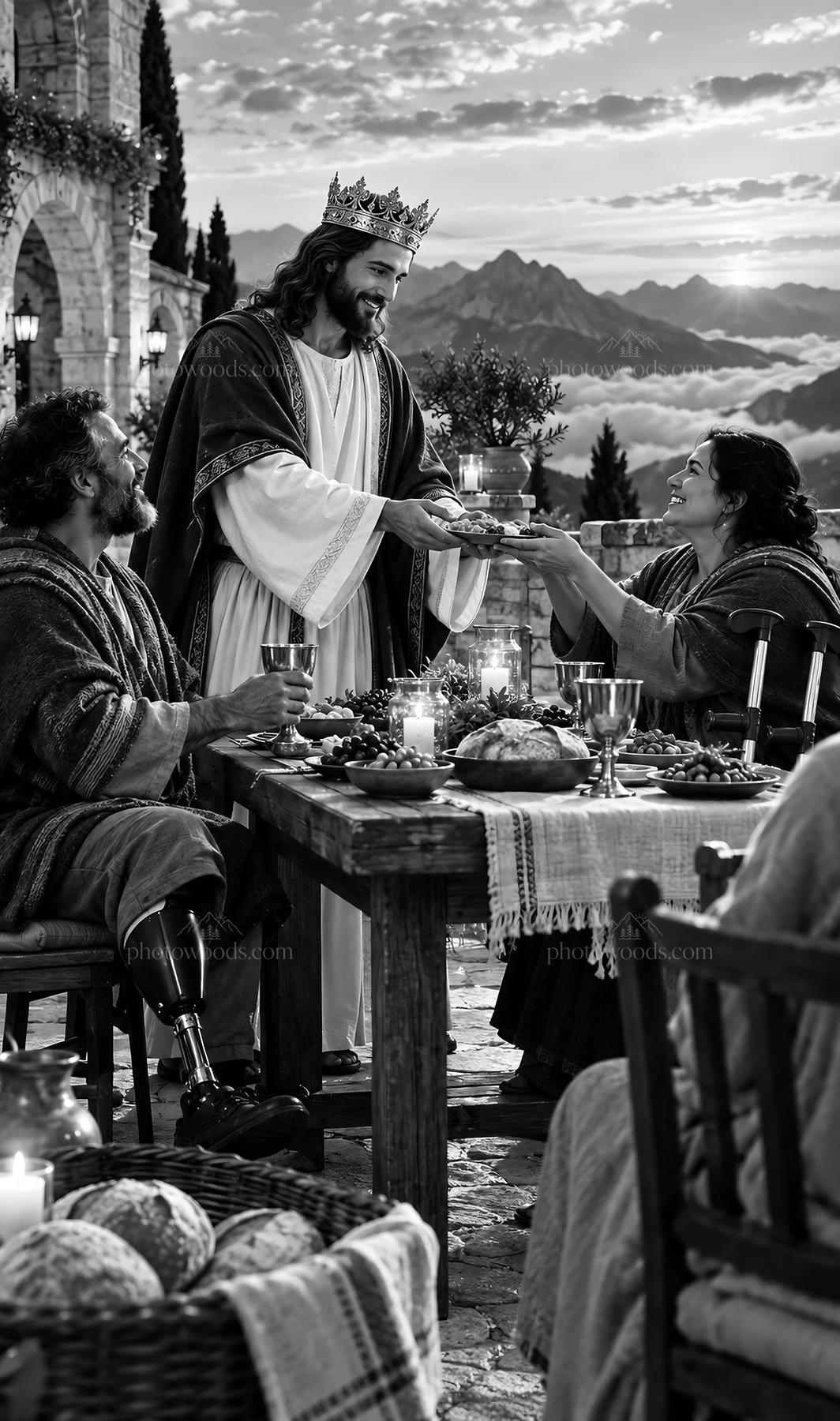 Jesus Christ sharing a meal with others - AI-generated stock image