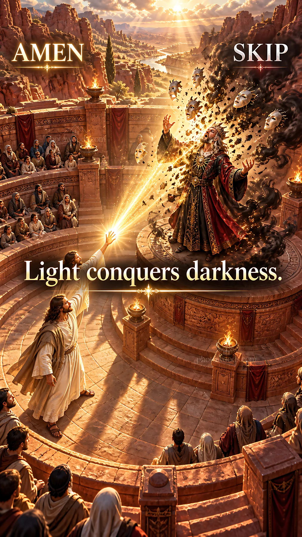 Jesus Christ brings light to darkness in a grand setting - AI-generated stock image