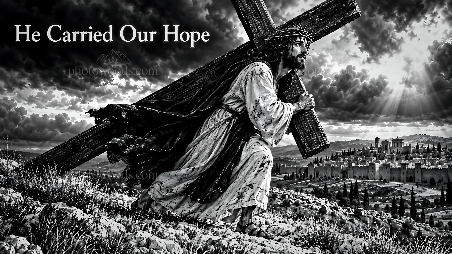 He carried our hope while walking through a rugged landscape - AI-generated stock image