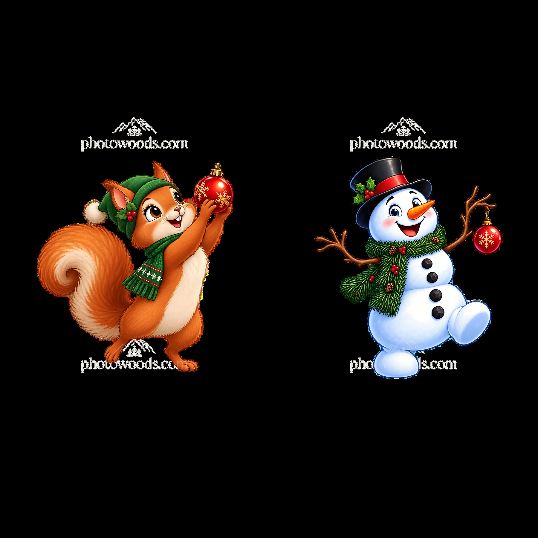 Squirrel and snowman with Christmas ornaments for holiday fun - AI-generated stock image