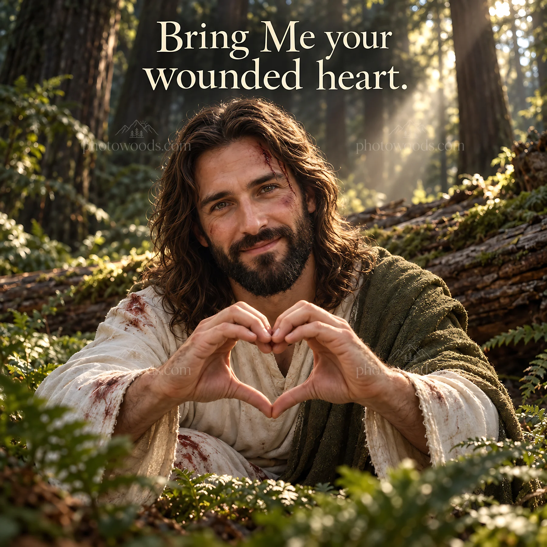 Jesus Christ inviting the wounded heart in a forest setting - AI-generated stock image