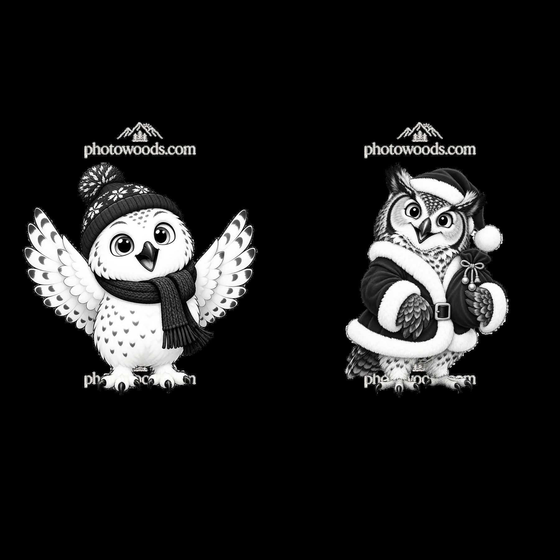 Christmas owls in winter attire with festive accessories - AI-generated stock image