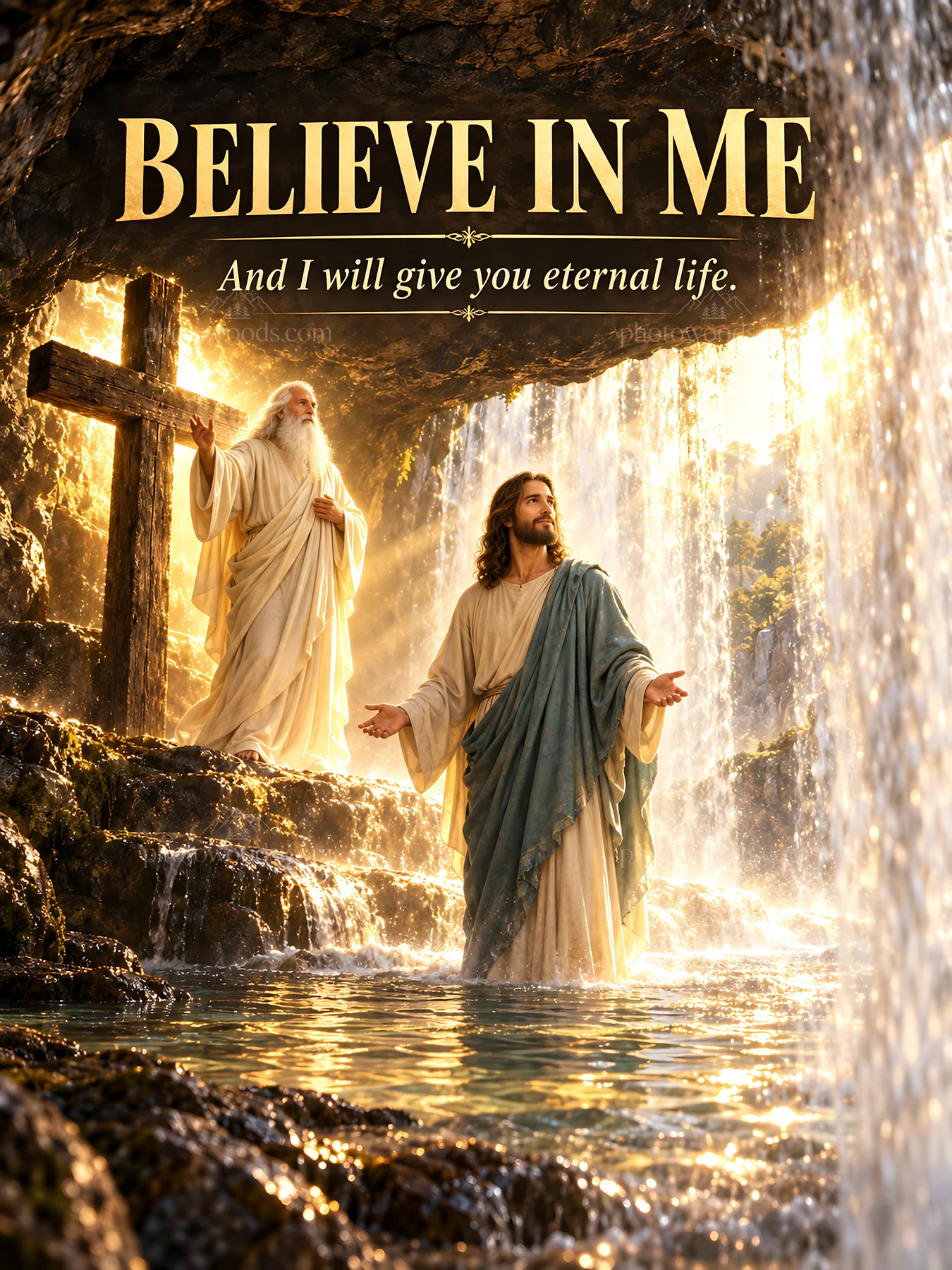 Jesus Christ offering eternal life in a serene waterfall setting - AI-generated stock image