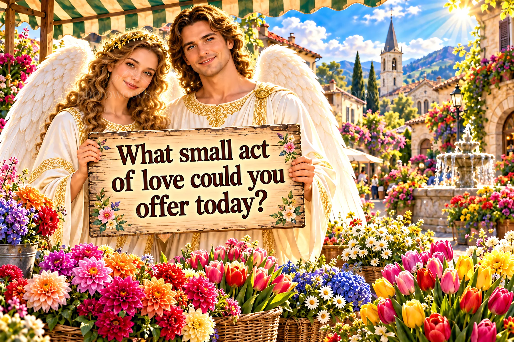 Jesus Christ sharing a message about love in a flower market - AI-generated stock image