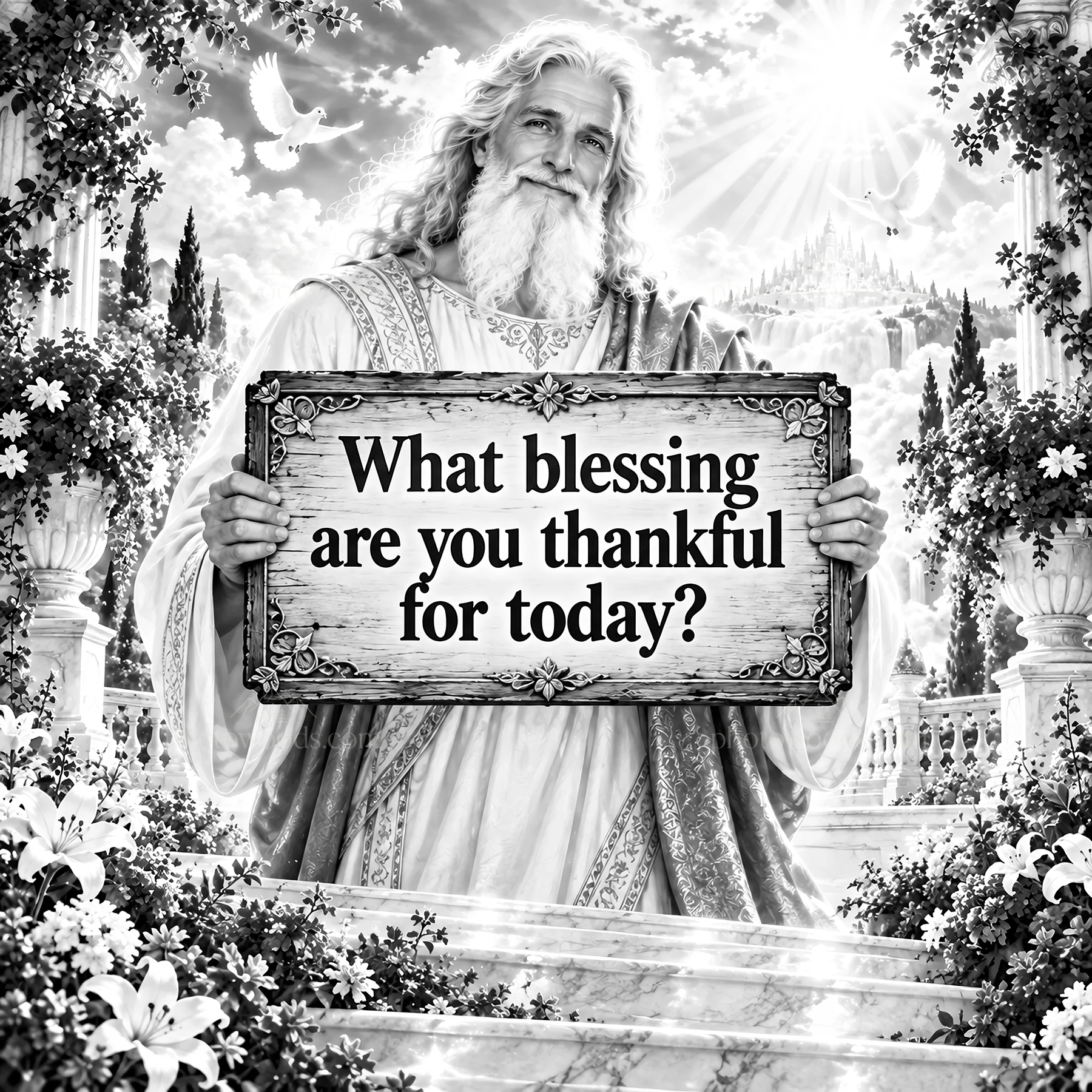 Jesus Christ holding a sign asking about thankfulness - AI-generated stock image