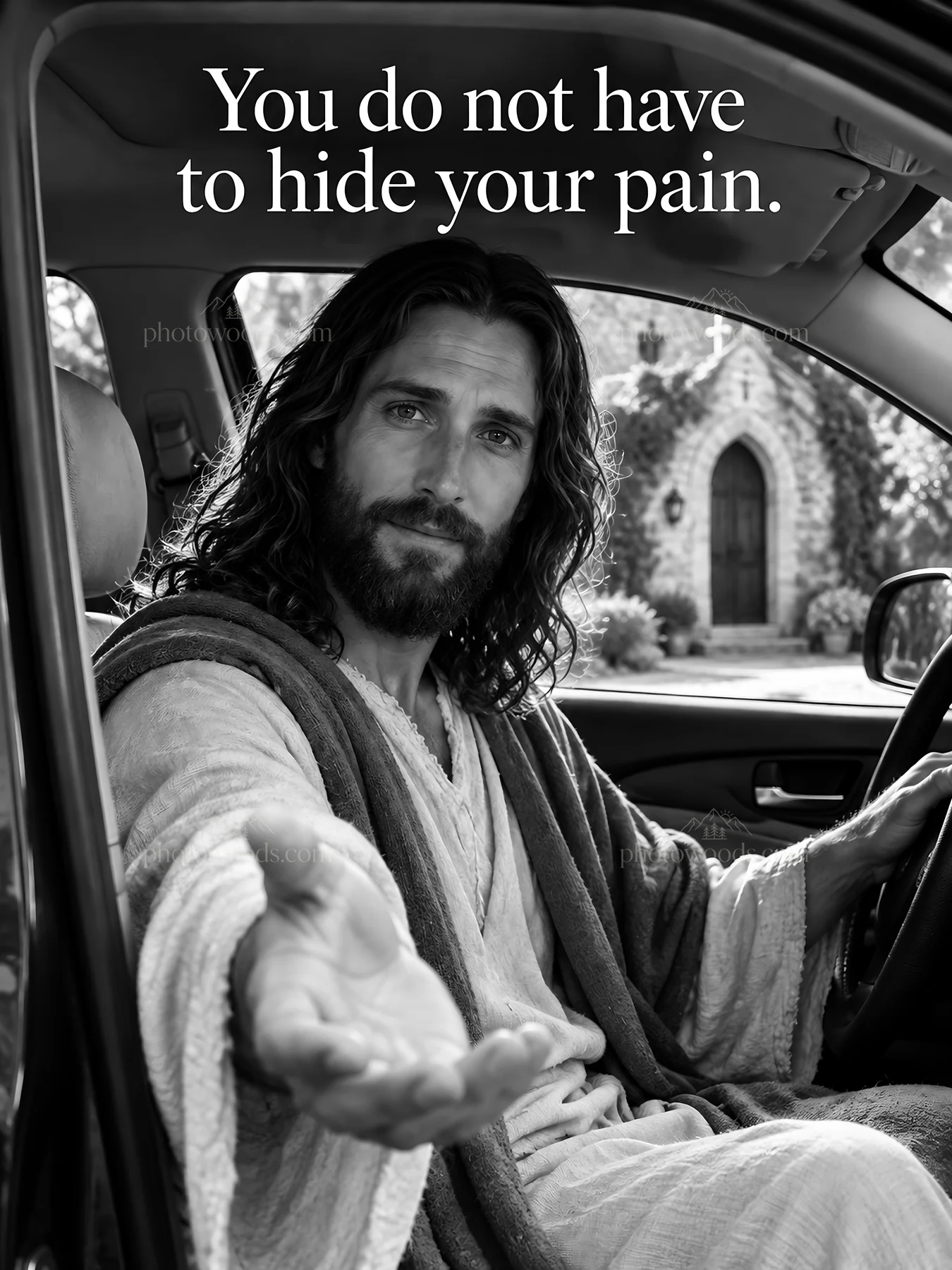 Jesus Christ offers comfort to a suffering person in a car - AI-generated stock image