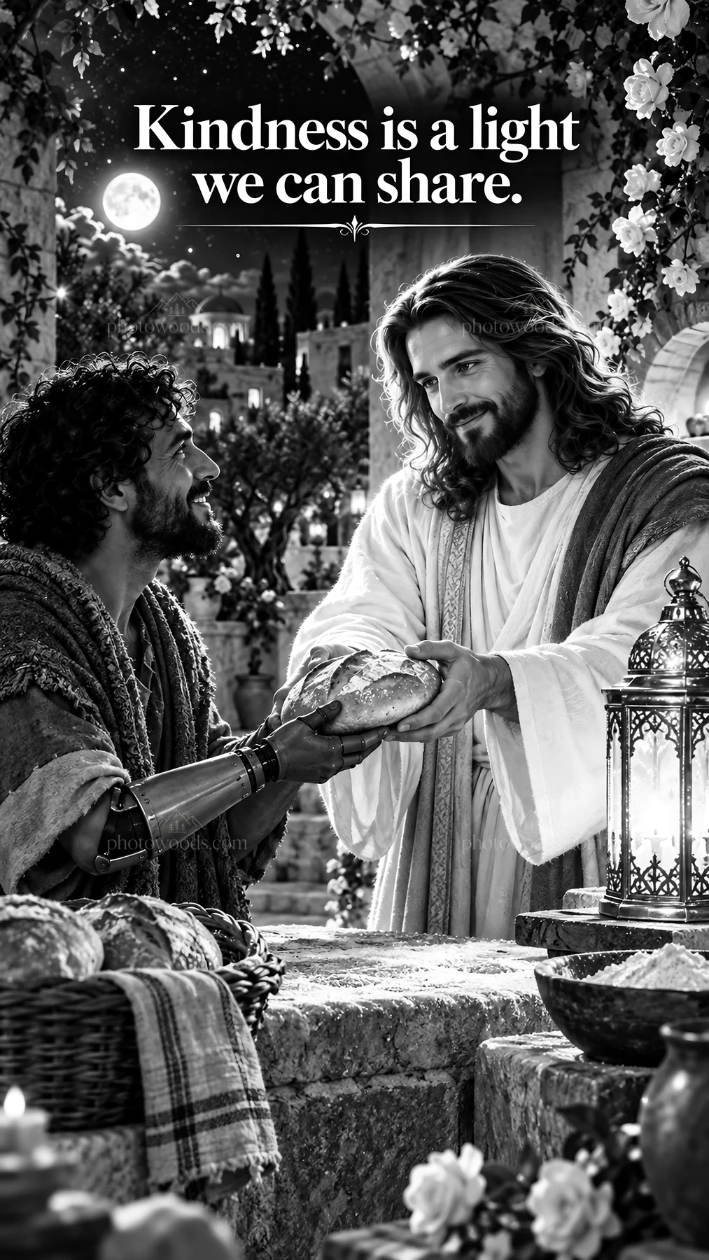 Jesus Christ sharing bread with a man in a garden setting - AI-generated stock image