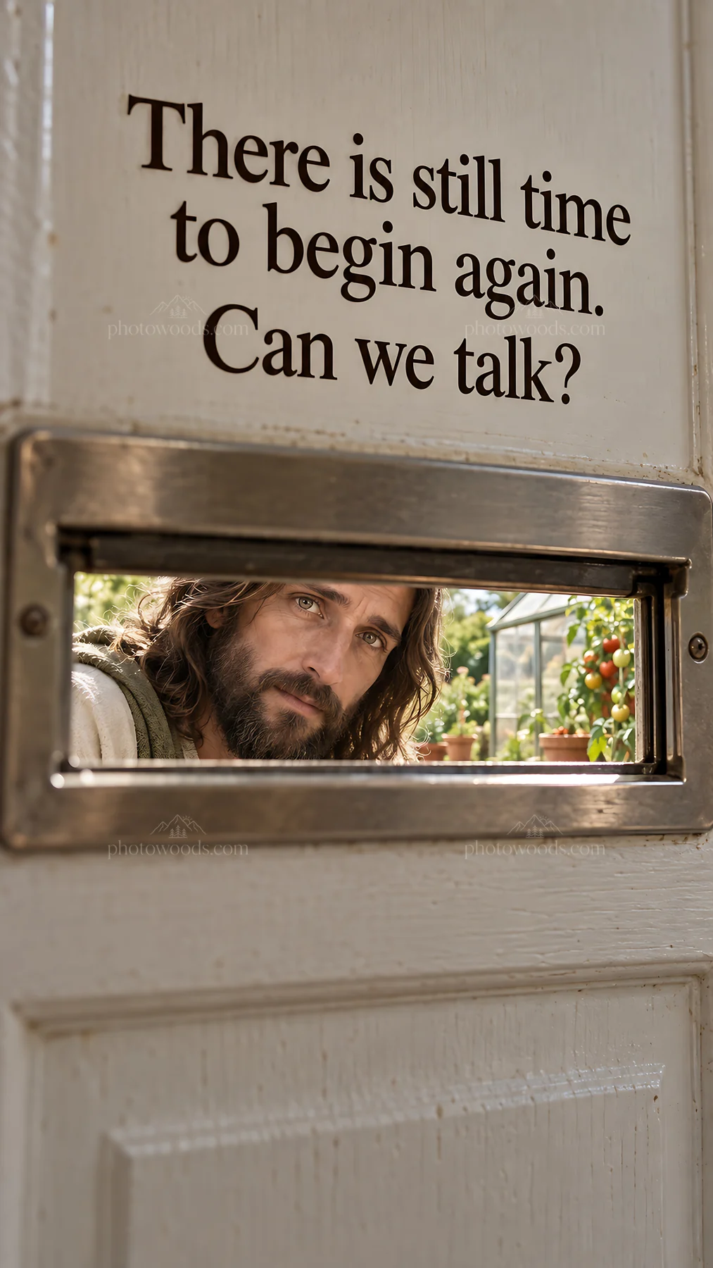 Jesus Christ invites conversation through a door - AI-generated stock image