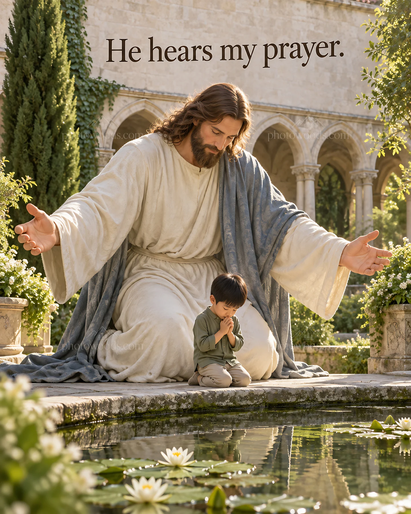 Jesus Christ comforts a child with open arms in prayer - AI-generated stock image
