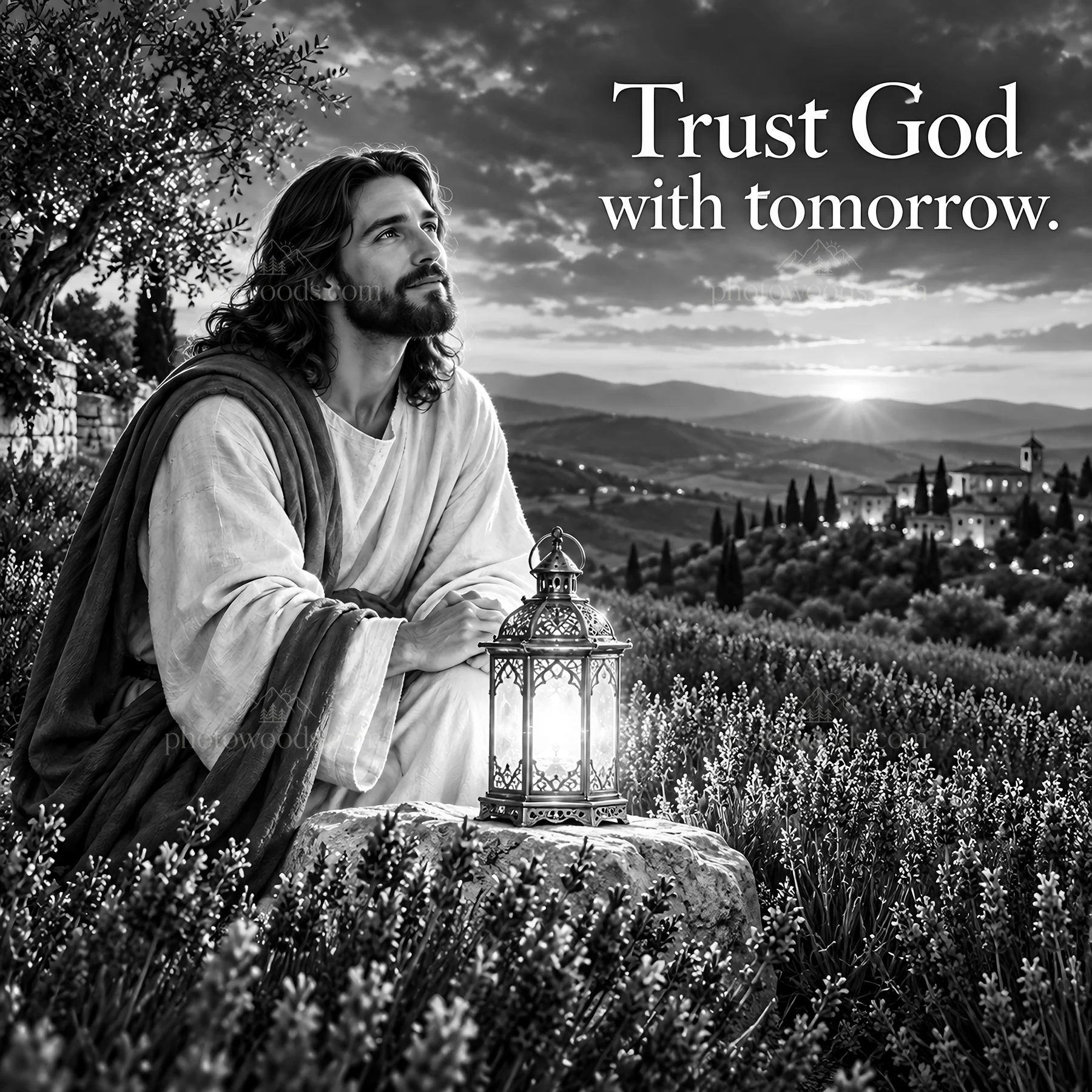 Jesus Christ seated with lantern in garden reflecting and praying - AI-generated stock image