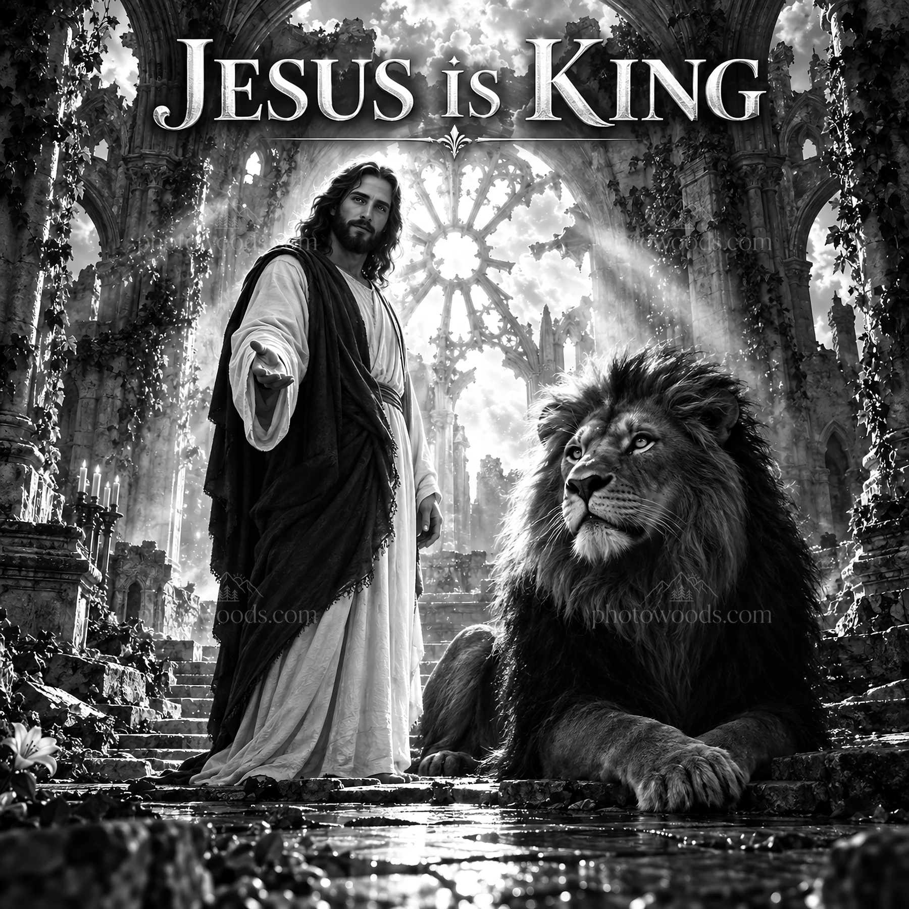 Jesus Christ stands with a lion in a ruined temple - AI-generated stock image