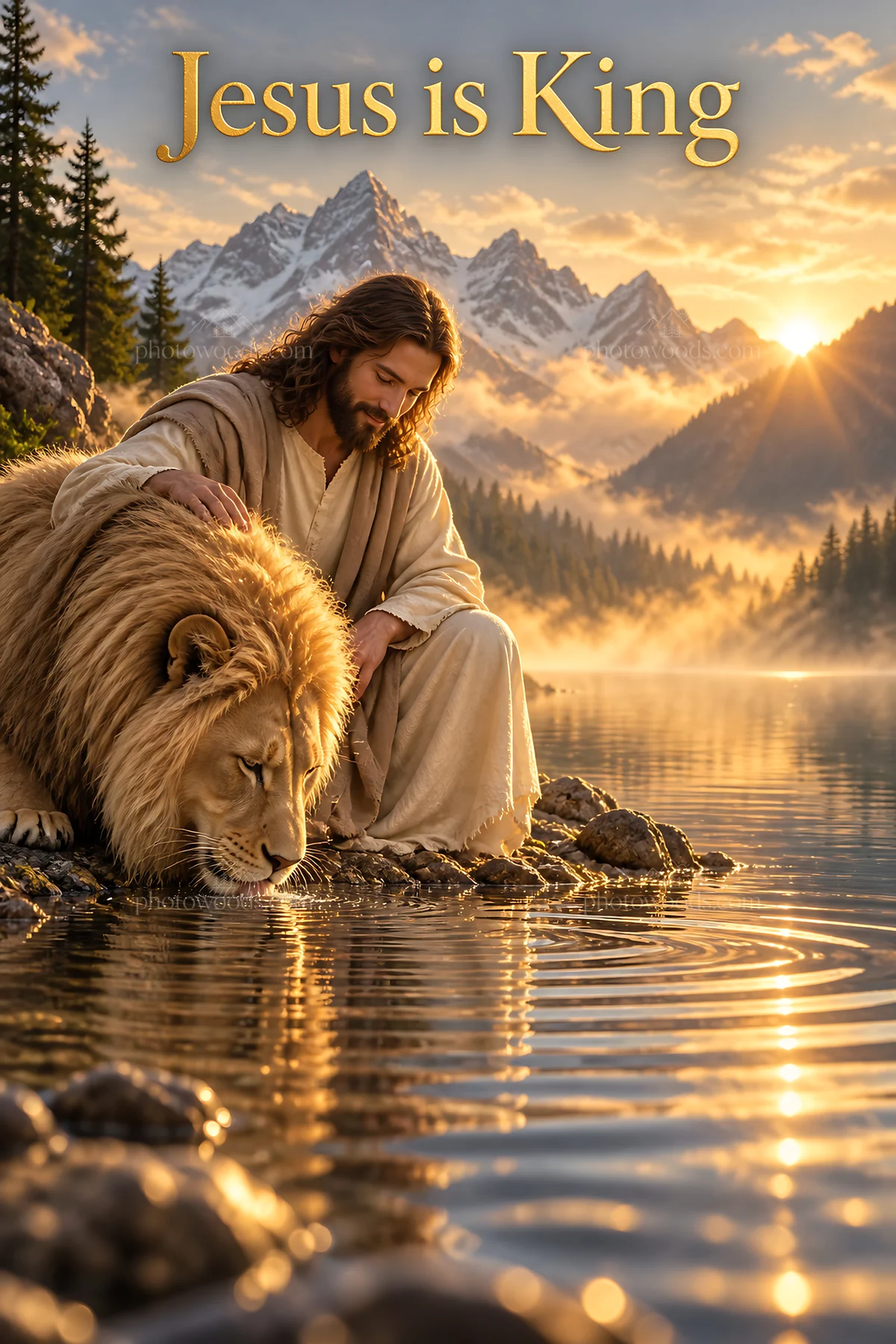 Jesus Christ beside a lion at a serene lakeside - AI-generated stock image