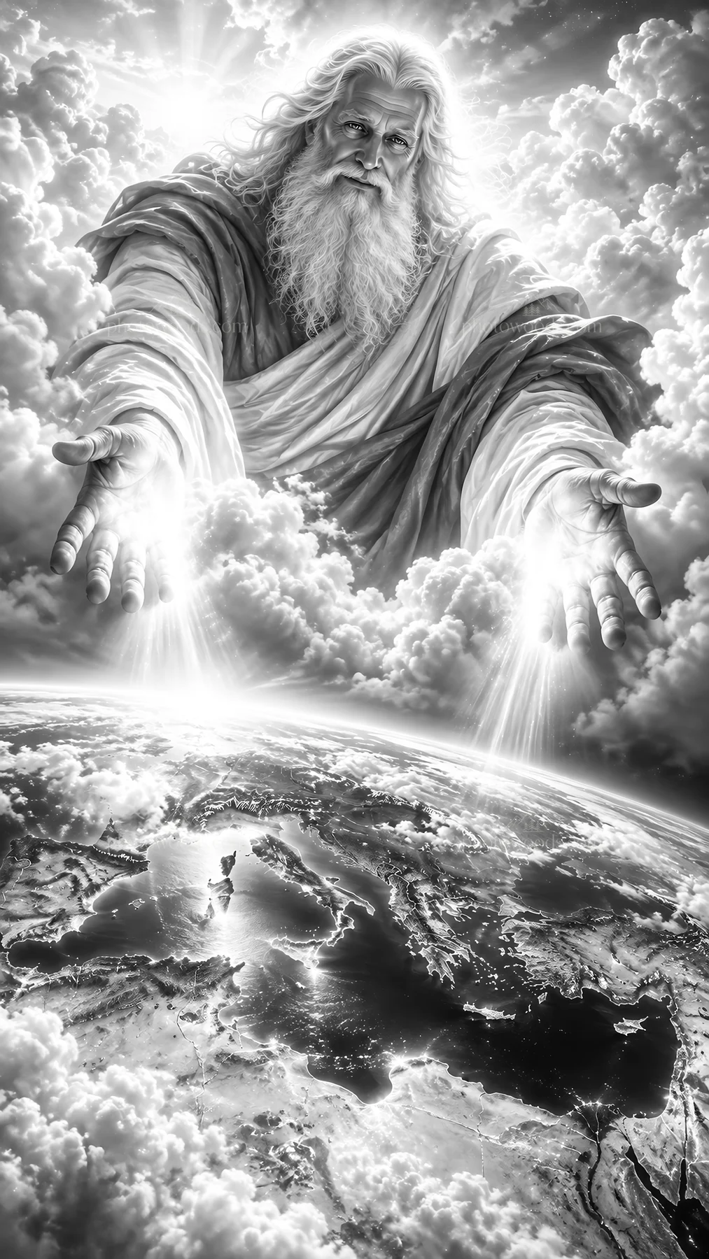 Jesus Christ reaching out from the heavens - AI-generated stock image