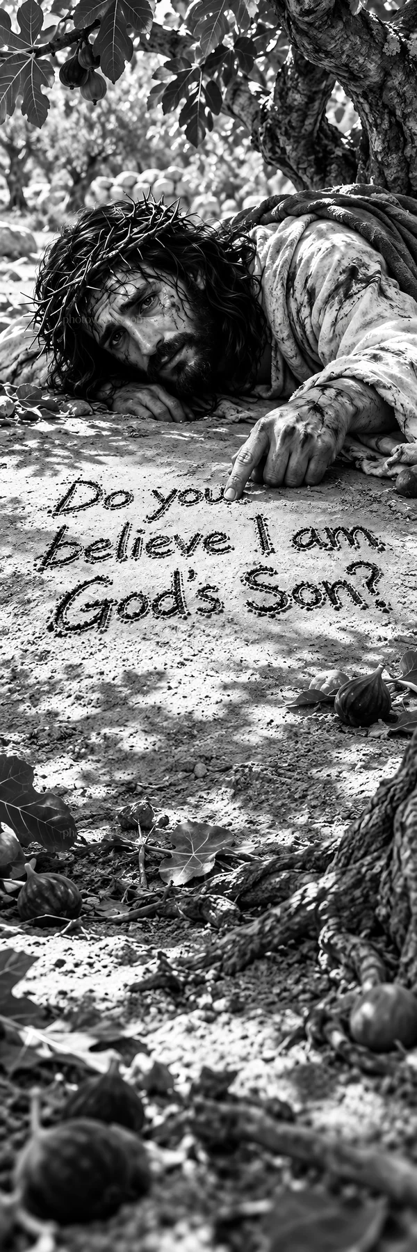 Jesus Christ writing in the sand with a question about faith - AI-generated stock image