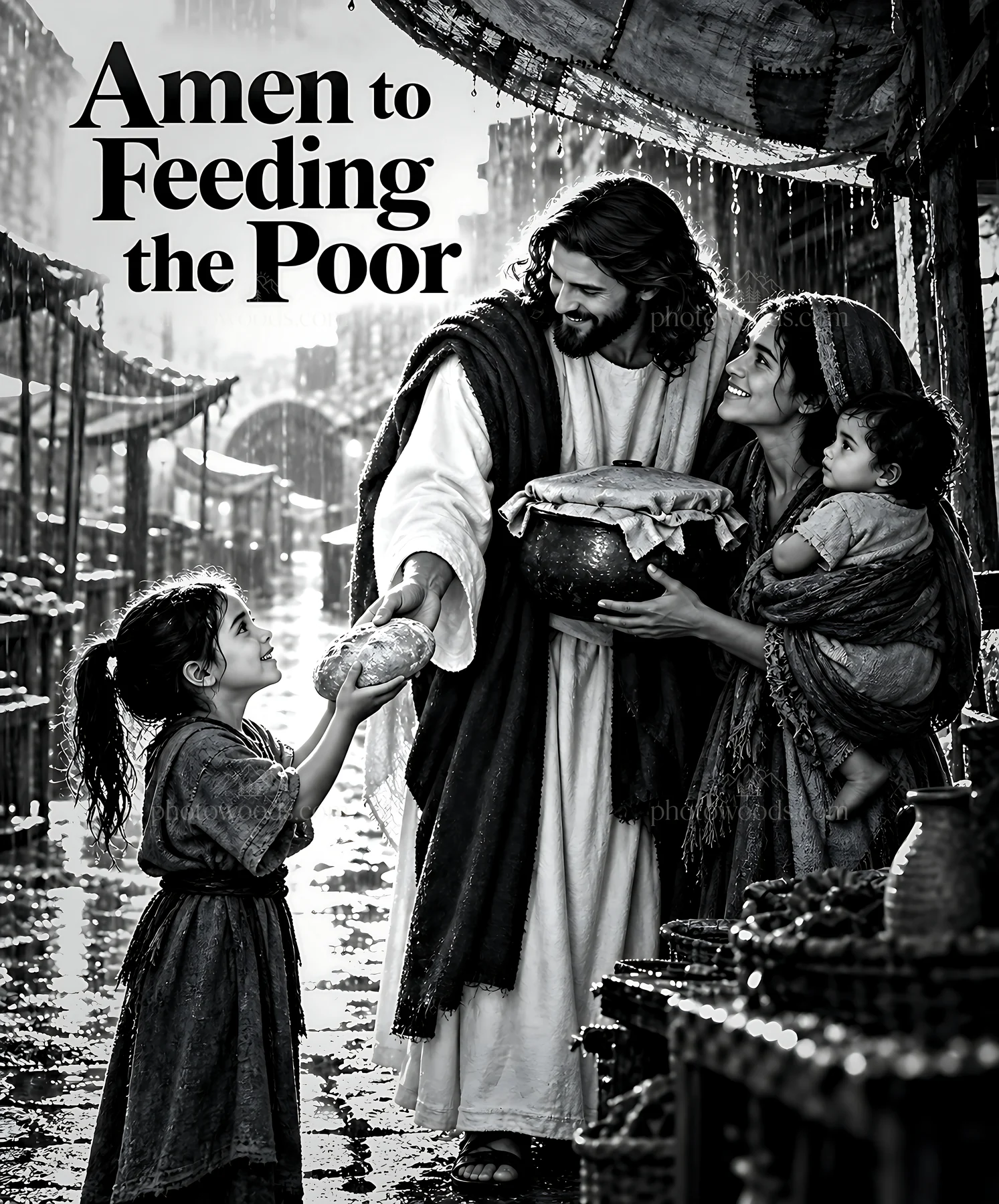 Kindness after the rain in a market scene - AI-generated stock image