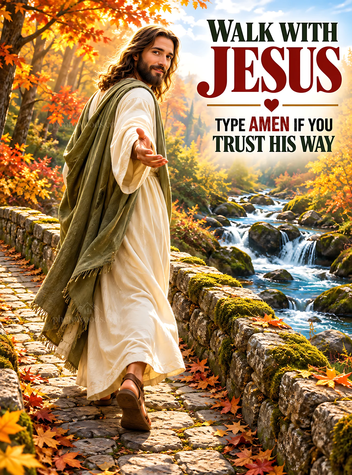 Walk with Jesus on the path through autumn foliage - AI-generated stock image