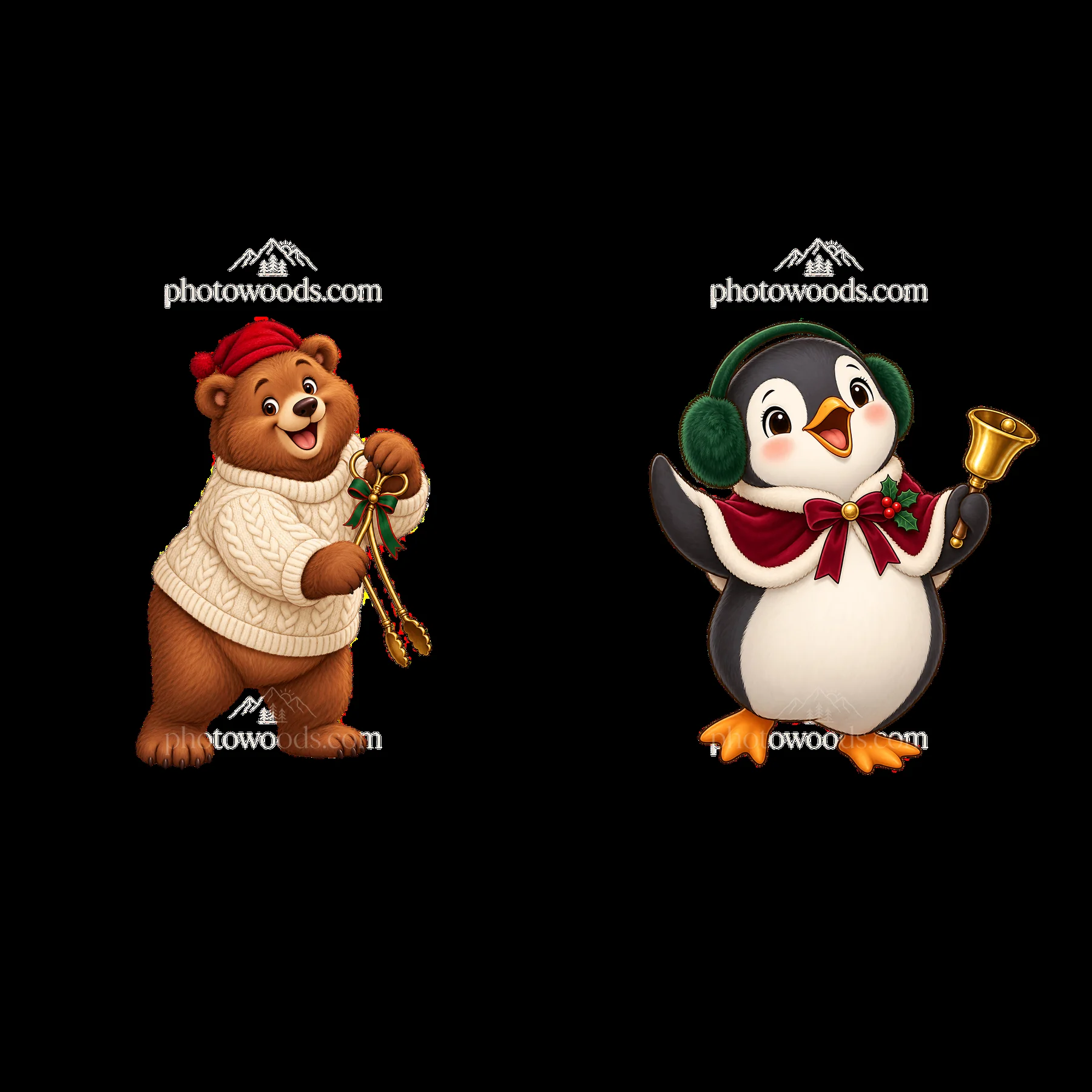 Bear and penguin celebrating Christmas by the fireplace - AI-generated stock image