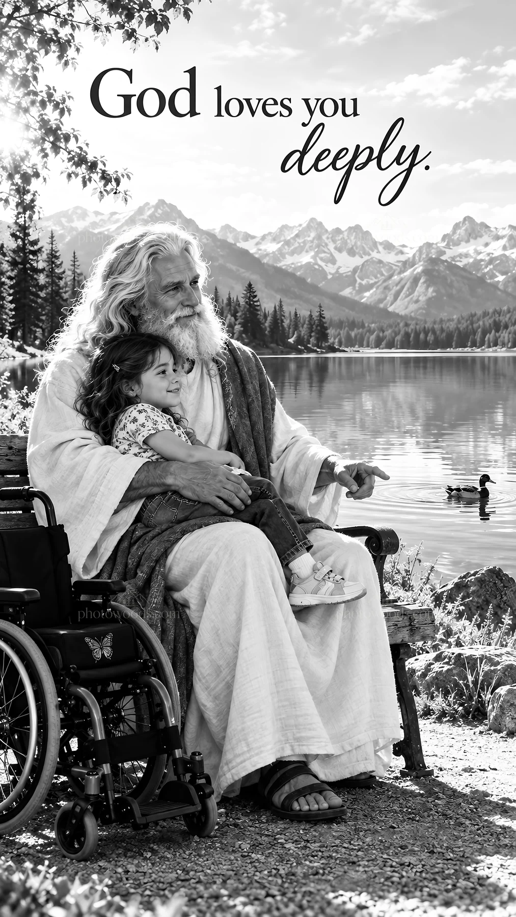 Jesus Christ comforts a child by the lakeside - AI-generated stock image