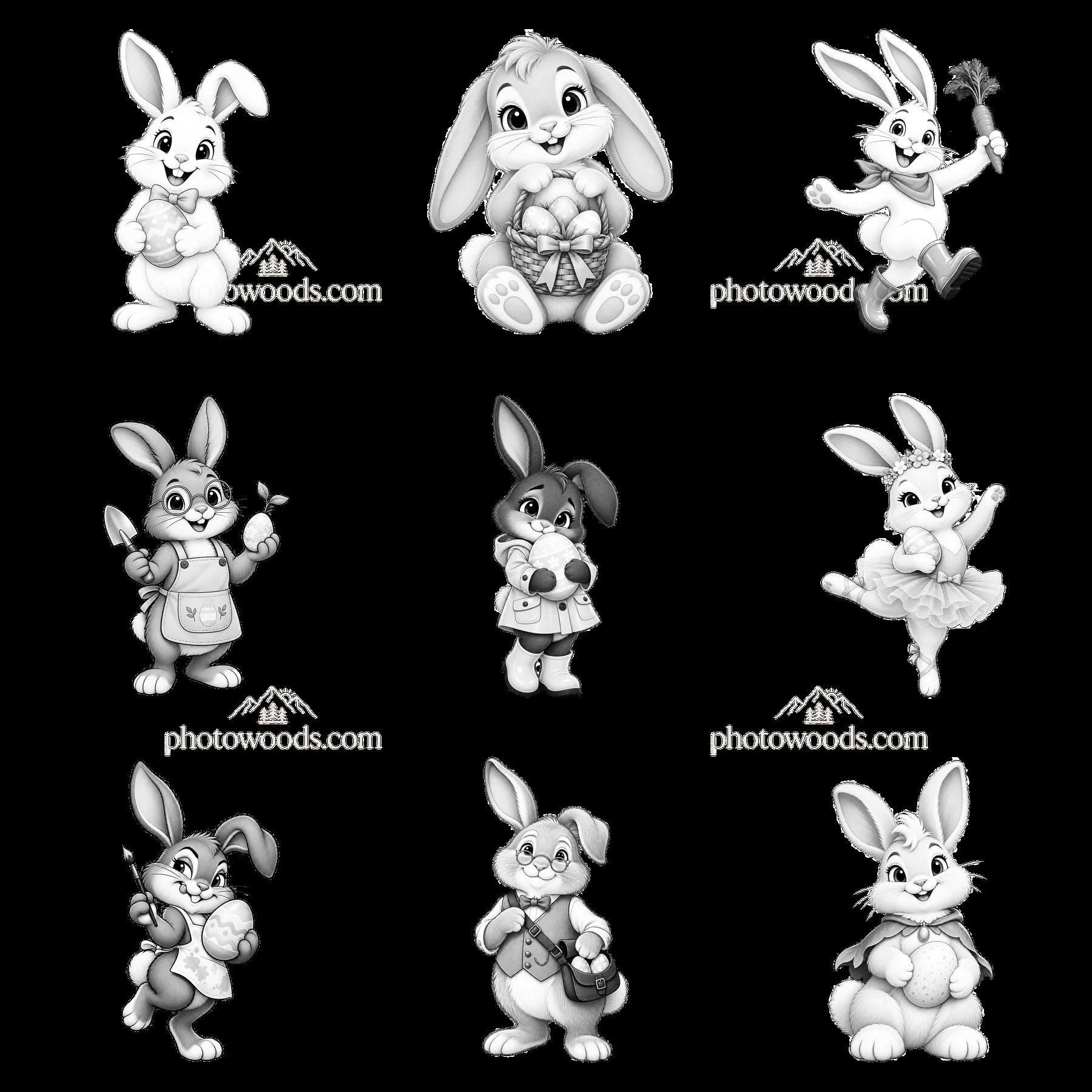 Easter bunny characters in various poses and activities - AI-generated stock image