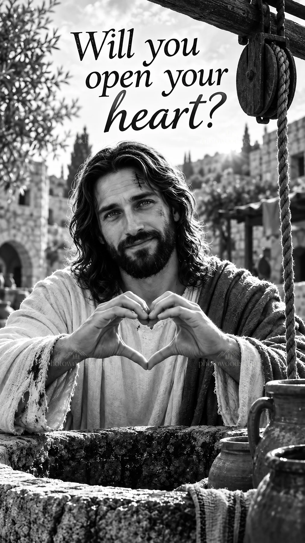 Jesus Christ inviting viewers to open their hearts - AI-generated stock image