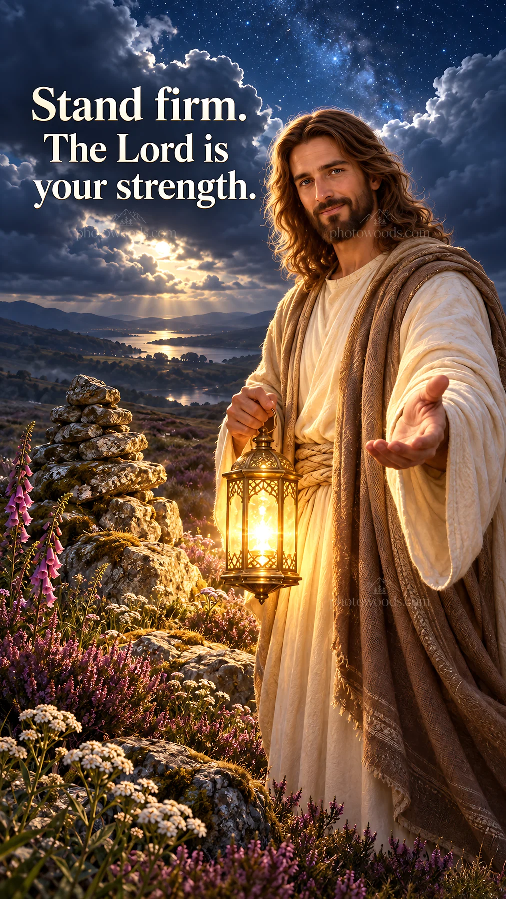 Jesus Christ welcoming with a lantern in a natural setting - AI-generated stock image