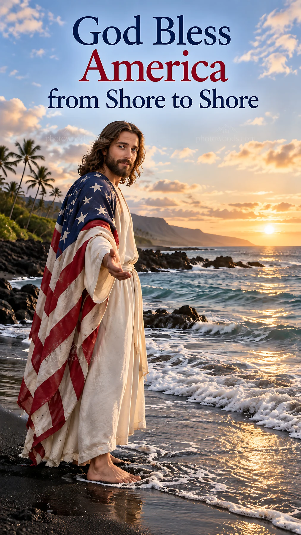 Jesus Christ standing on the shore with an American flag - AI-generated stock image
