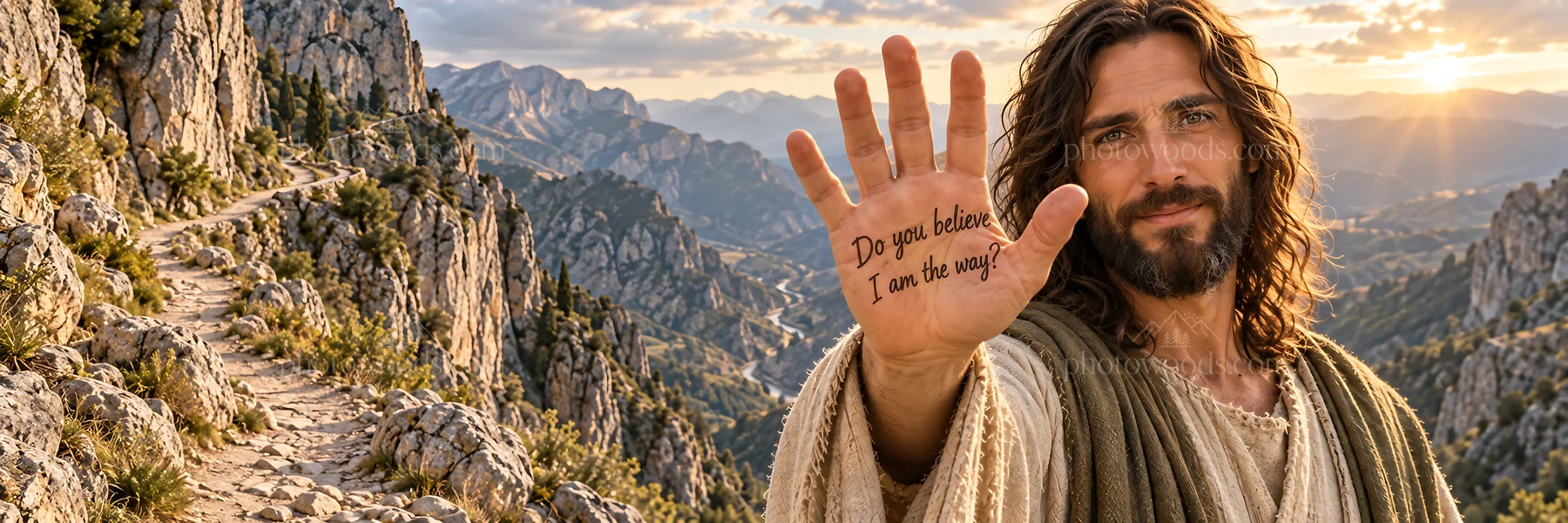 Jesus Christ offering guidance with an outstretched hand - AI-generated stock image