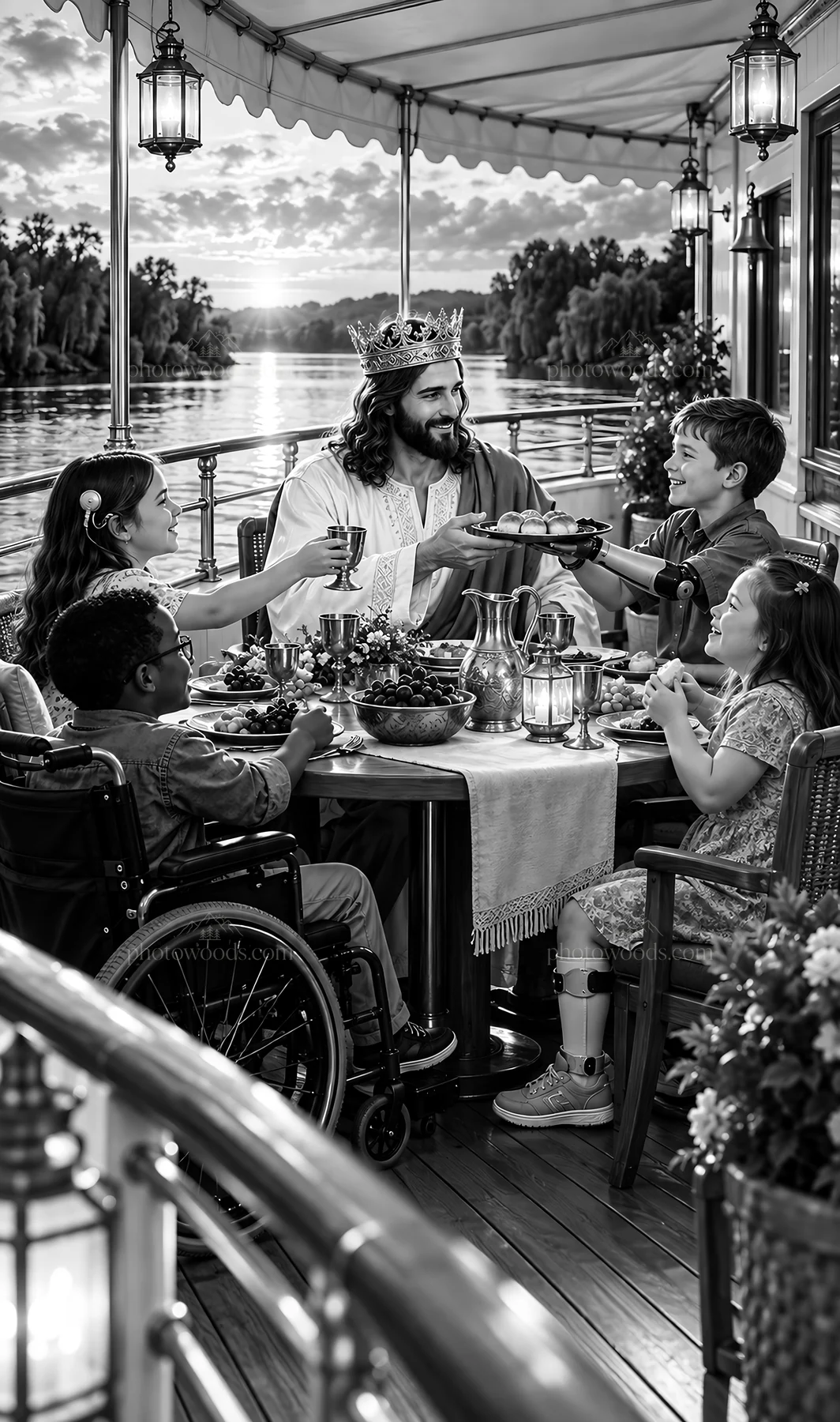 Jesus Christ sharing a meal with children by the water - AI-generated stock image