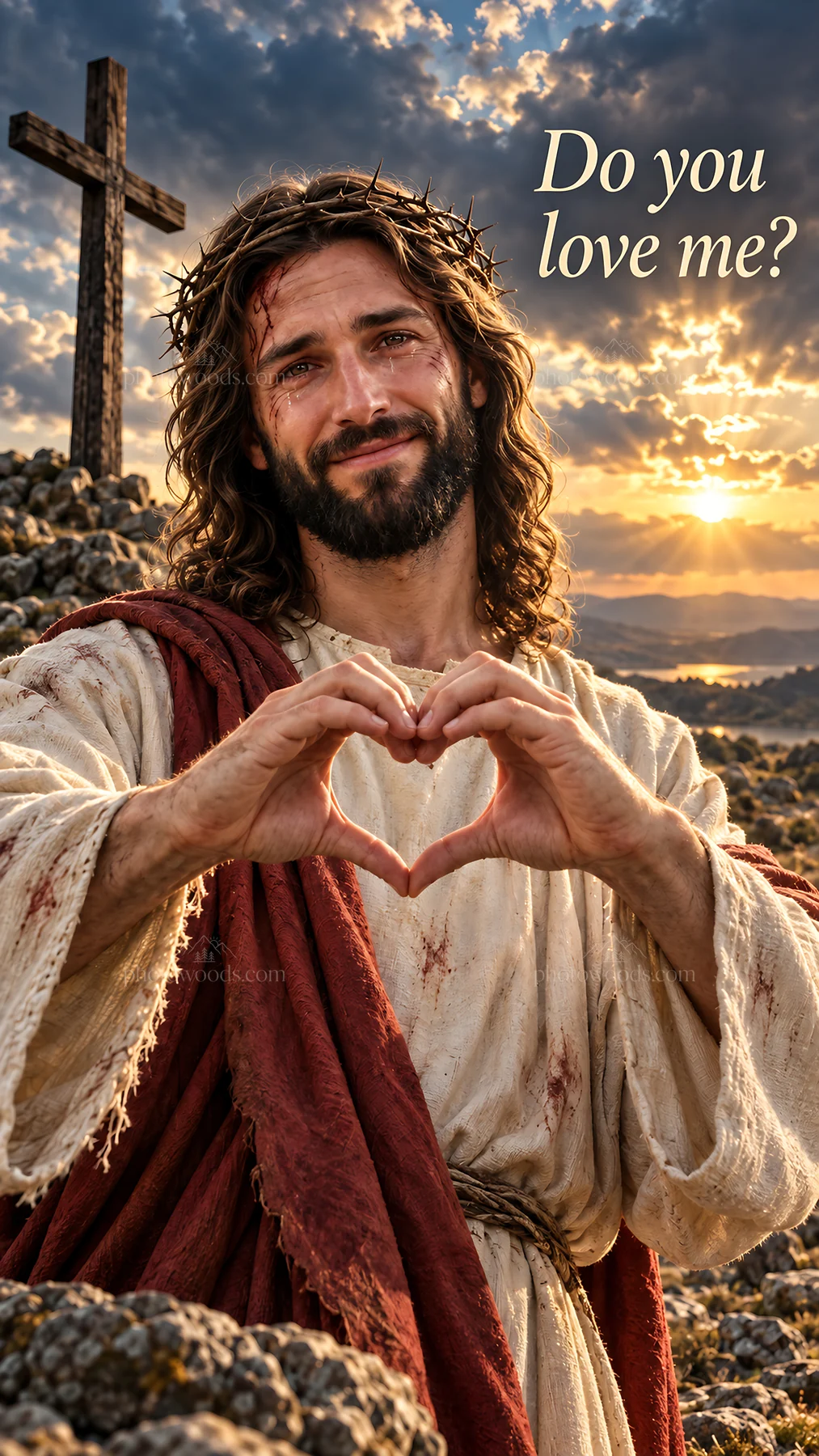Jesus Christ forming a heart symbol with hands in a sunset scene - AI-generated stock image