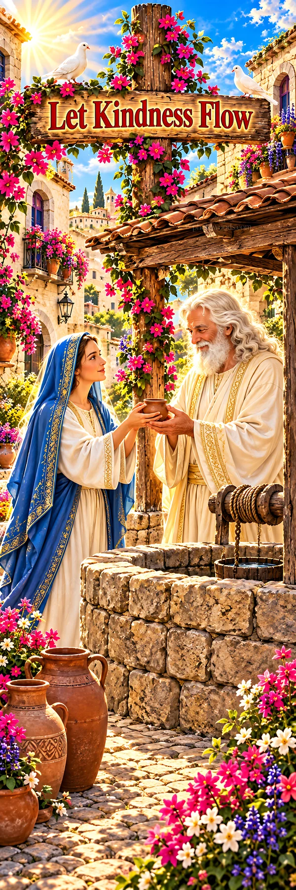 Jesus Christ welcoming a woman at a garden village well - AI-generated stock image