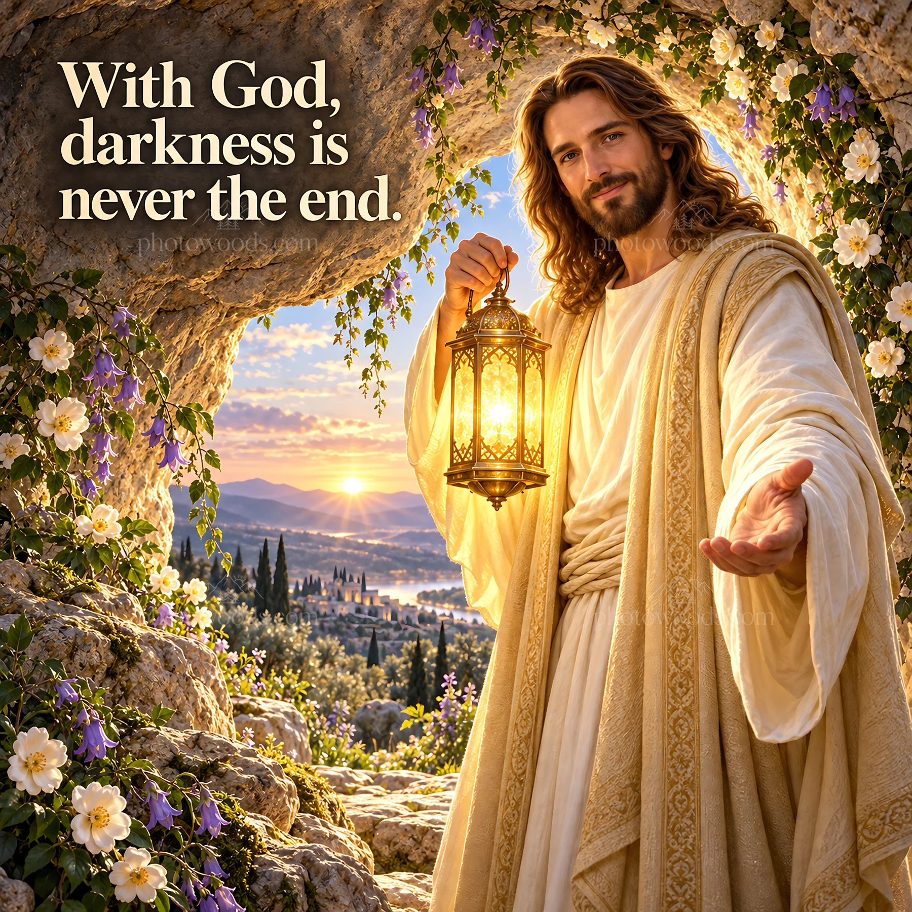 Jesus Christ welcoming with a lantern in a bright garden - AI-generated stock image
