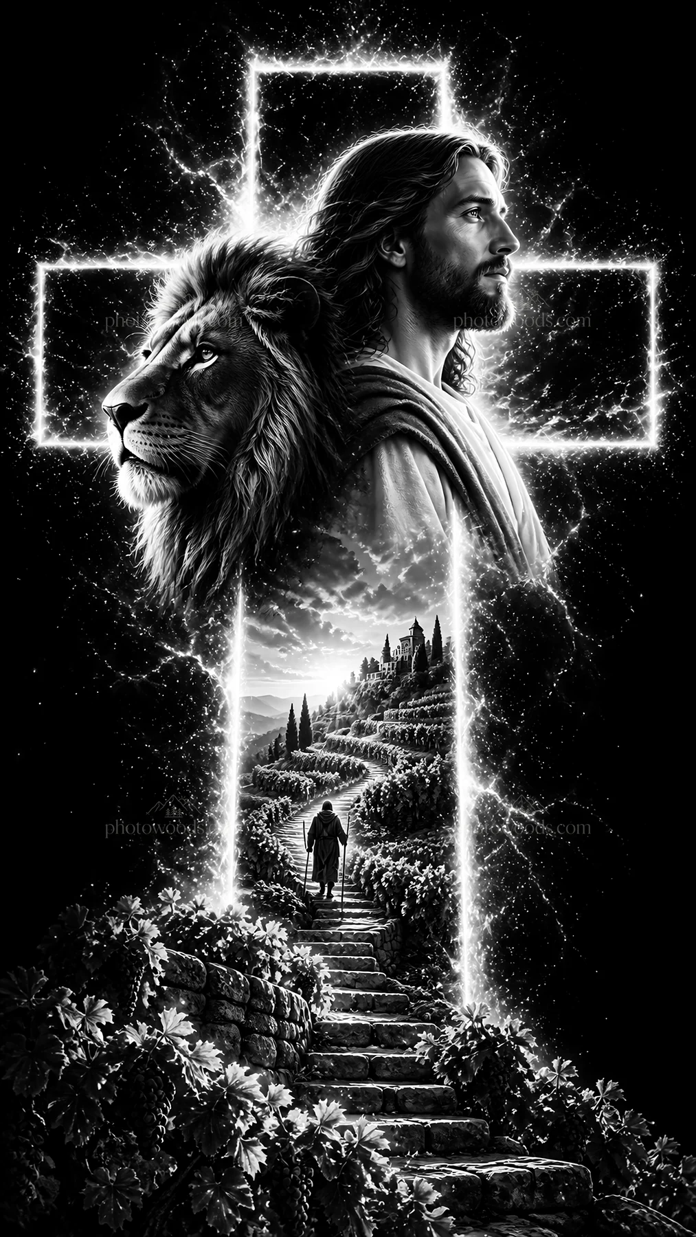 Jesus Christ depicted with a lion and a path through the mountains - AI-generated stock image