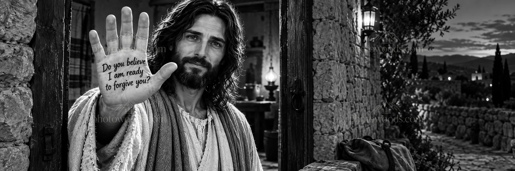 Jesus Christ extending forgiveness with outstretched hand - AI-generated stock image