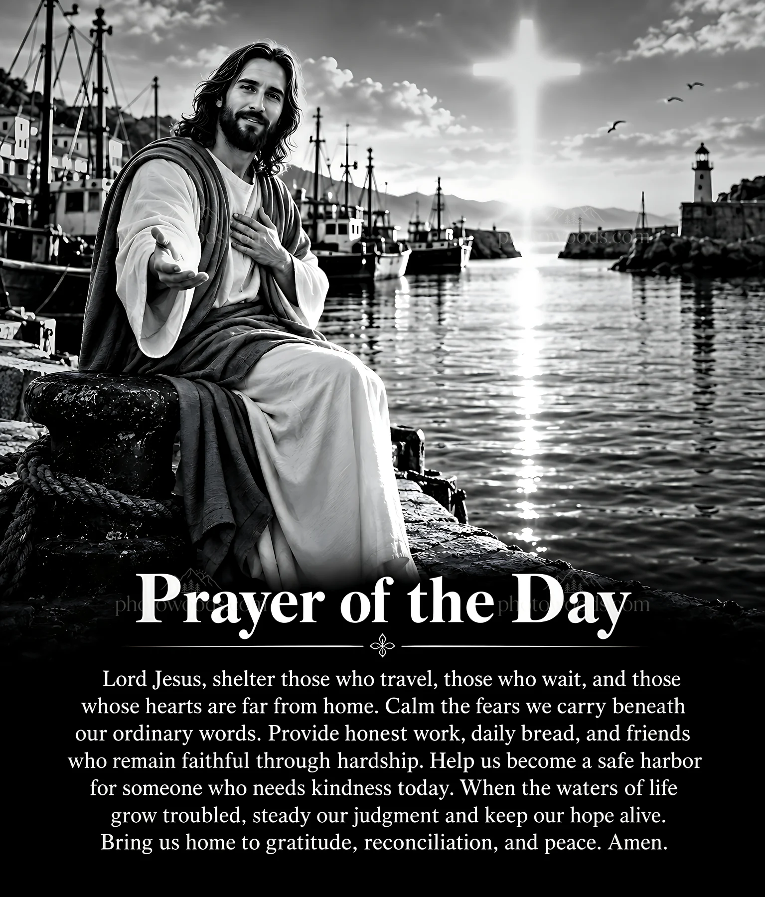Prayer at the harbor for those who travel and wait - AI-generated stock image