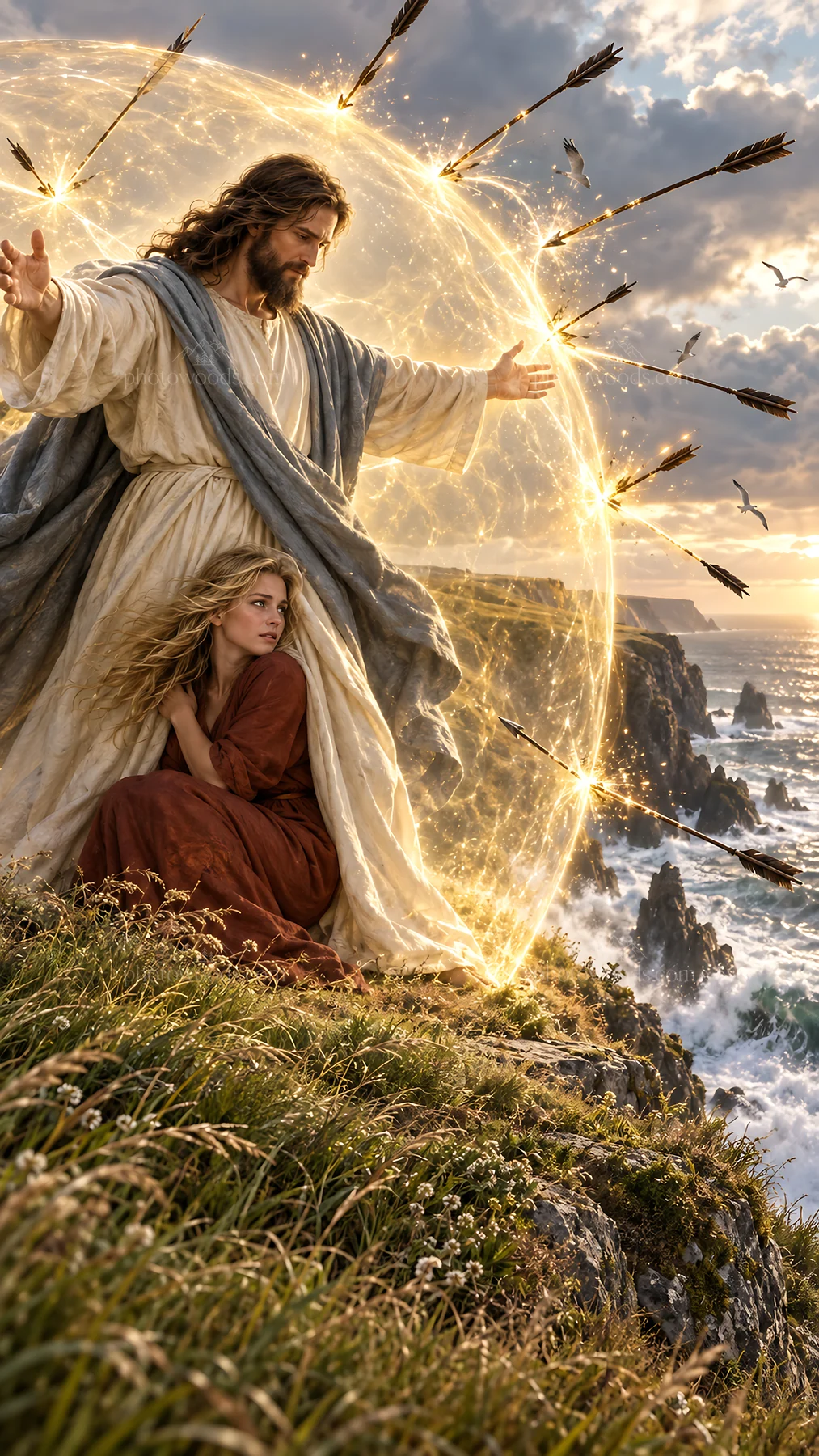 Jesus Christ protecting a woman from arrows by the sea - AI-generated stock image