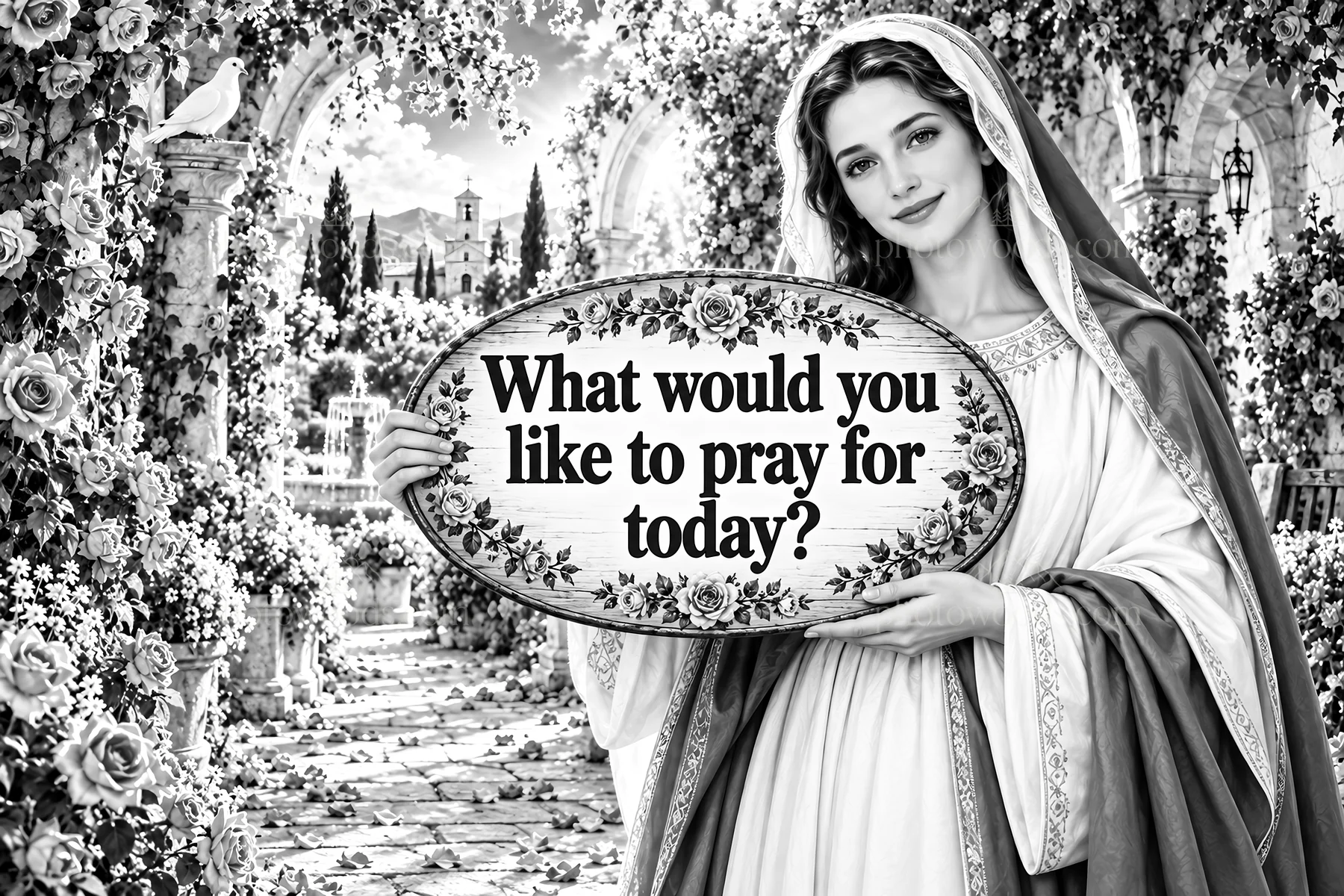 Jesus Christ offers a message for prayer in a garden setting - AI-generated stock image