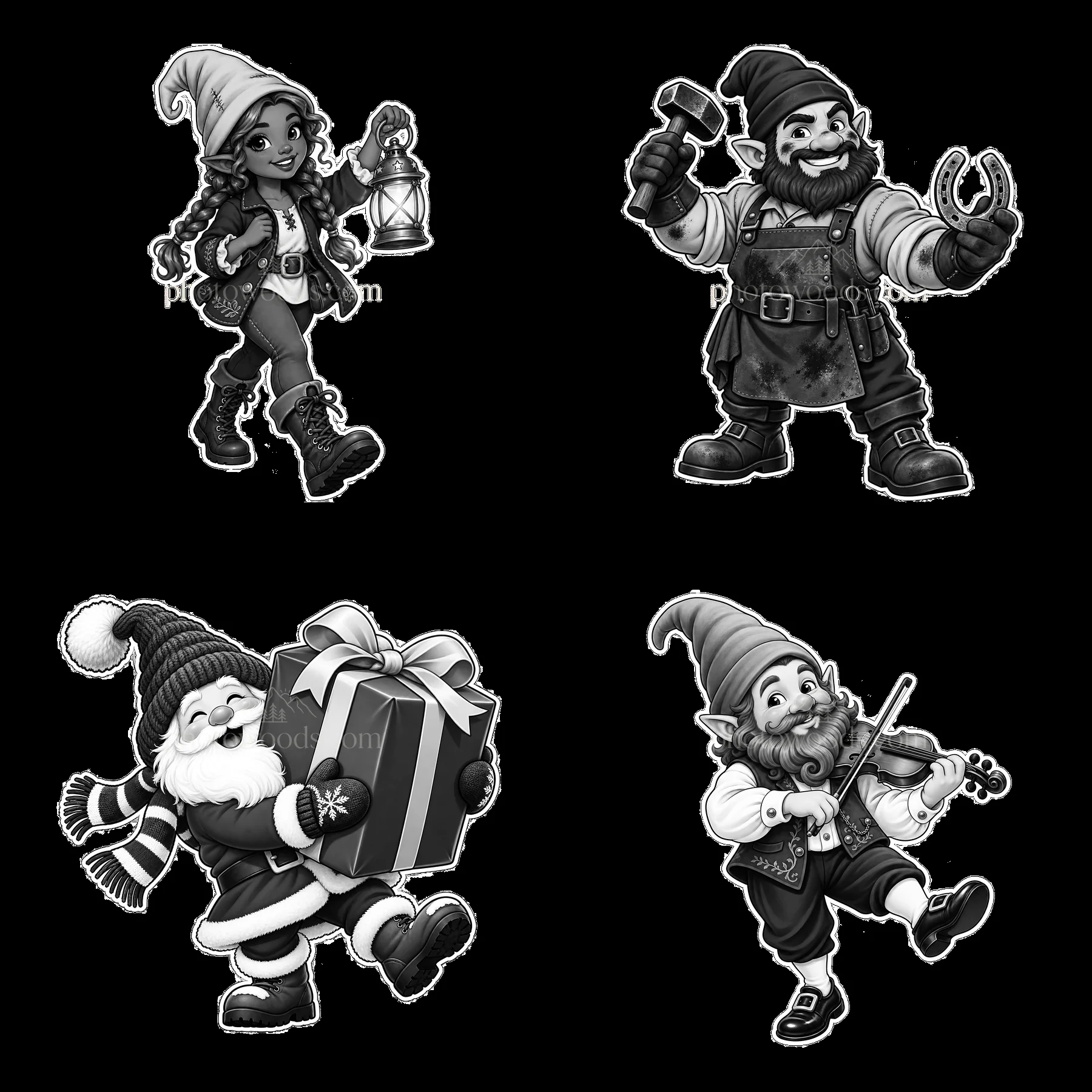 Gnome characters in playful actions holding gifts and tools - AI-generated stock image