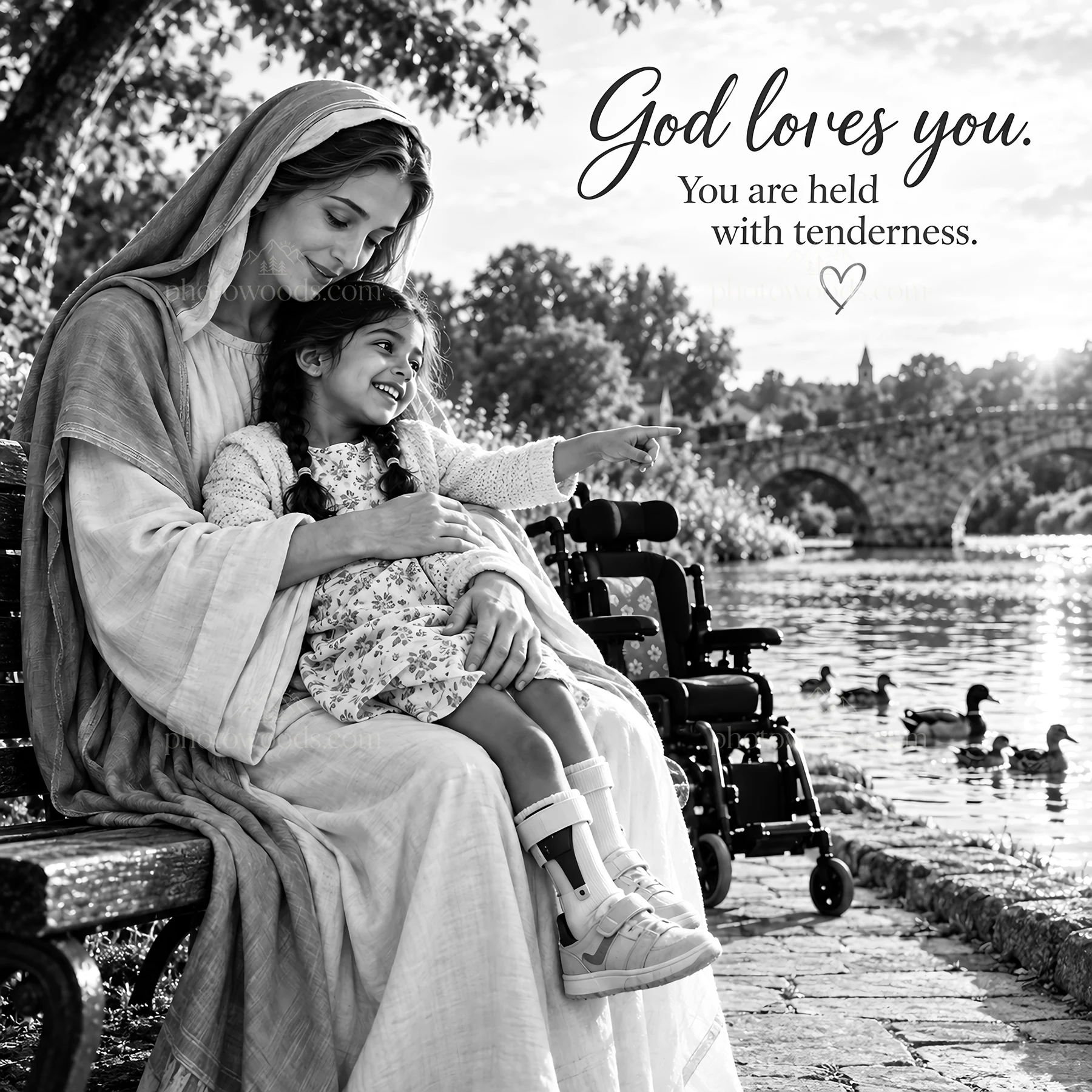 Jesus Christ comforting a child by the water - AI-generated stock image