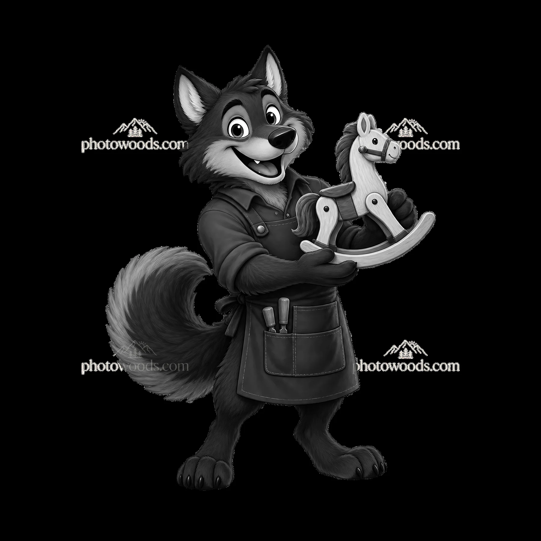 Christmas wolf holding a wooden rocking horse toy in black and white - AI-generated stock image