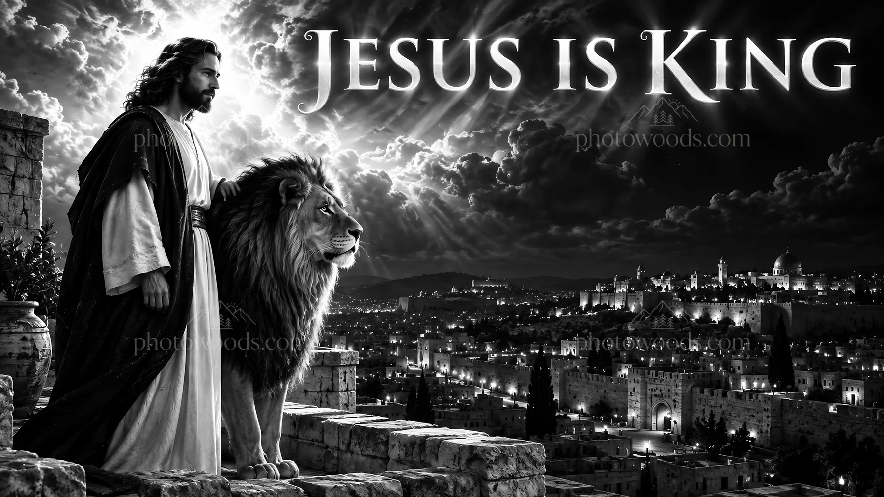 Jesus Christ standing beside a lion overlooking Jerusalem - AI-generated stock image