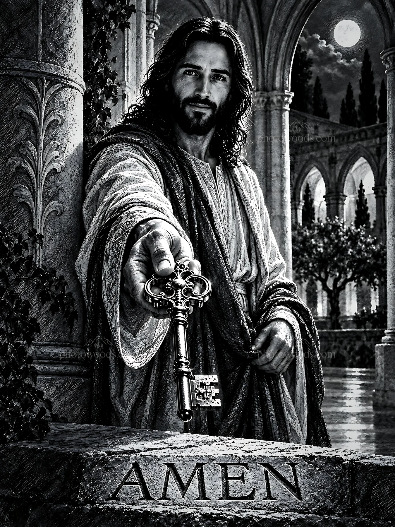 Key held in hand at moonlit cloister - AI-generated stock image